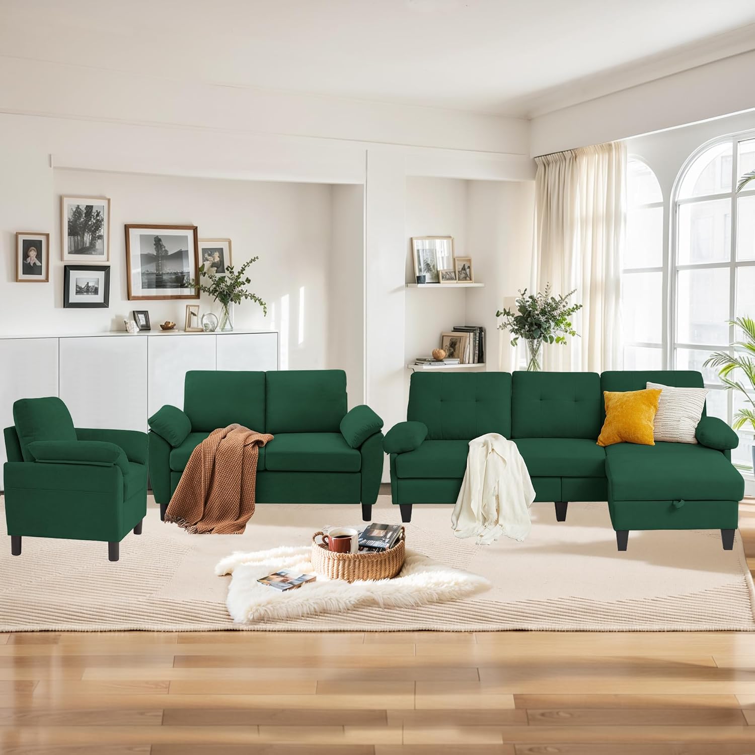 84" Convertible Sectional Sofa Set, 3 Seat L Shaped Couch with Reversible Chaise/Loveseat Sofa/Accent Chair, Polyester Fabre 3 Piece Sofa Set for Living Room, Green