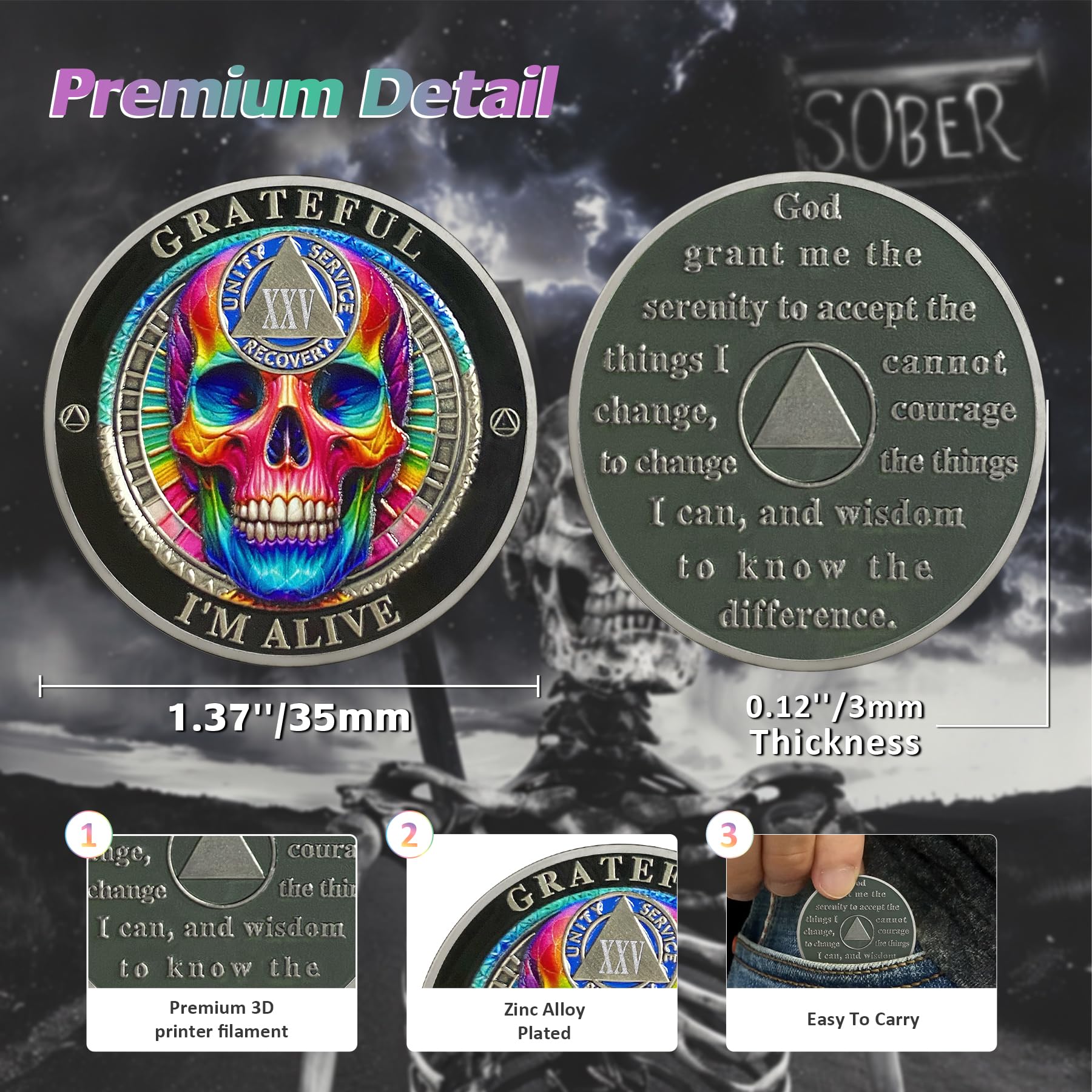 Tęczowa czaszka 25-letnia moneta trzeźwości - Monety AA Grateful I'm Alive - Recovery Addiction NA AA żetony i medaliony - 1-30 lat życia czyste narkotyki alkoholicy anonimowe prezenty dla mężczyzn