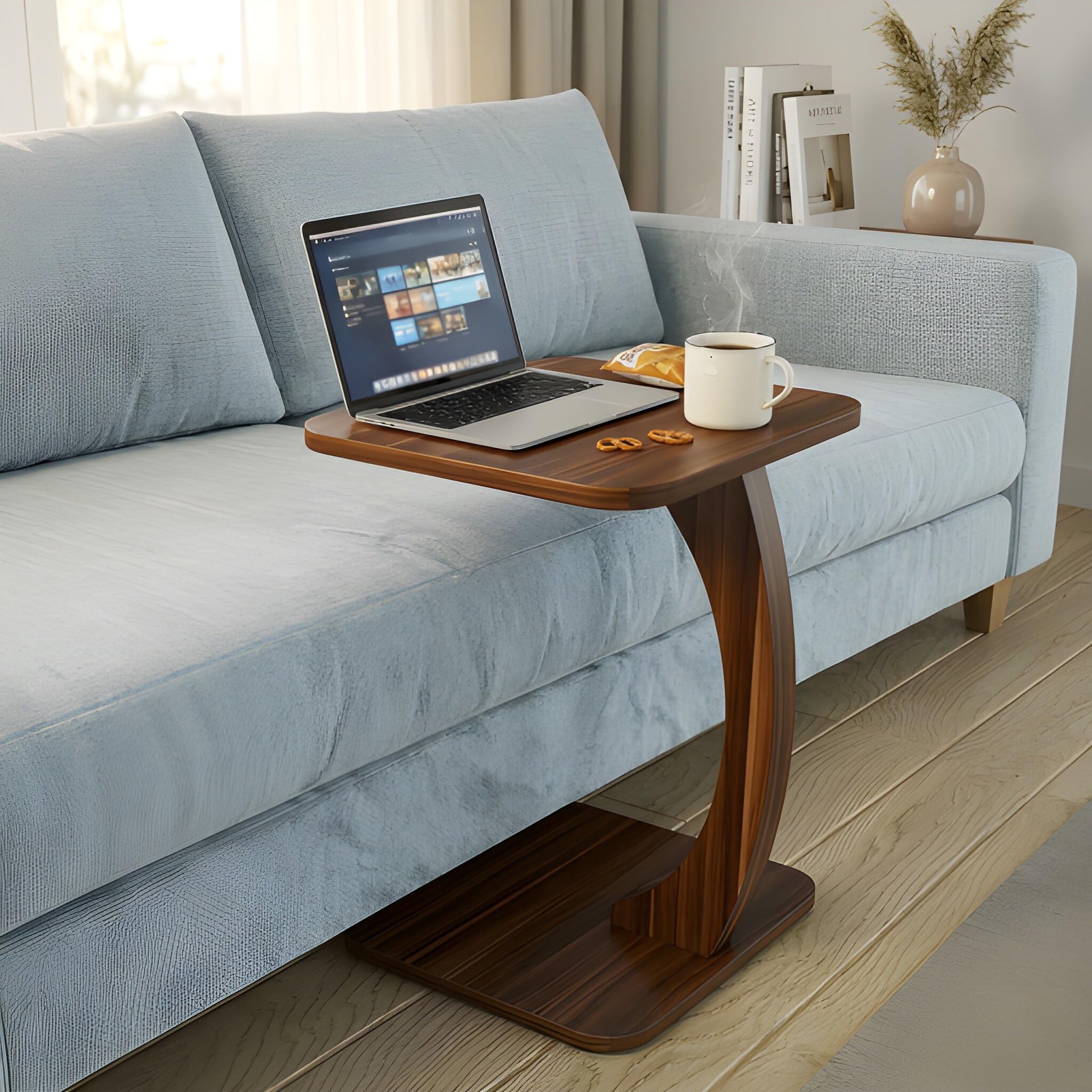 Wooden Sofa Side Table for Living Room, Bedside Snack Table with Curved Design, Laptop Table for Couch, Modern C Shape Coffee Table for Home, Office & Bedroom Use (NB)-image-12