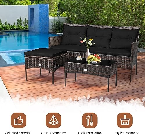 Miniatura 8 de RELAX4LIFE Juego de muebles de patio de 3 piezas, juego de sofá de conversación seccional de mimbre de ratán con 5 cojines de asiento y respaldo,