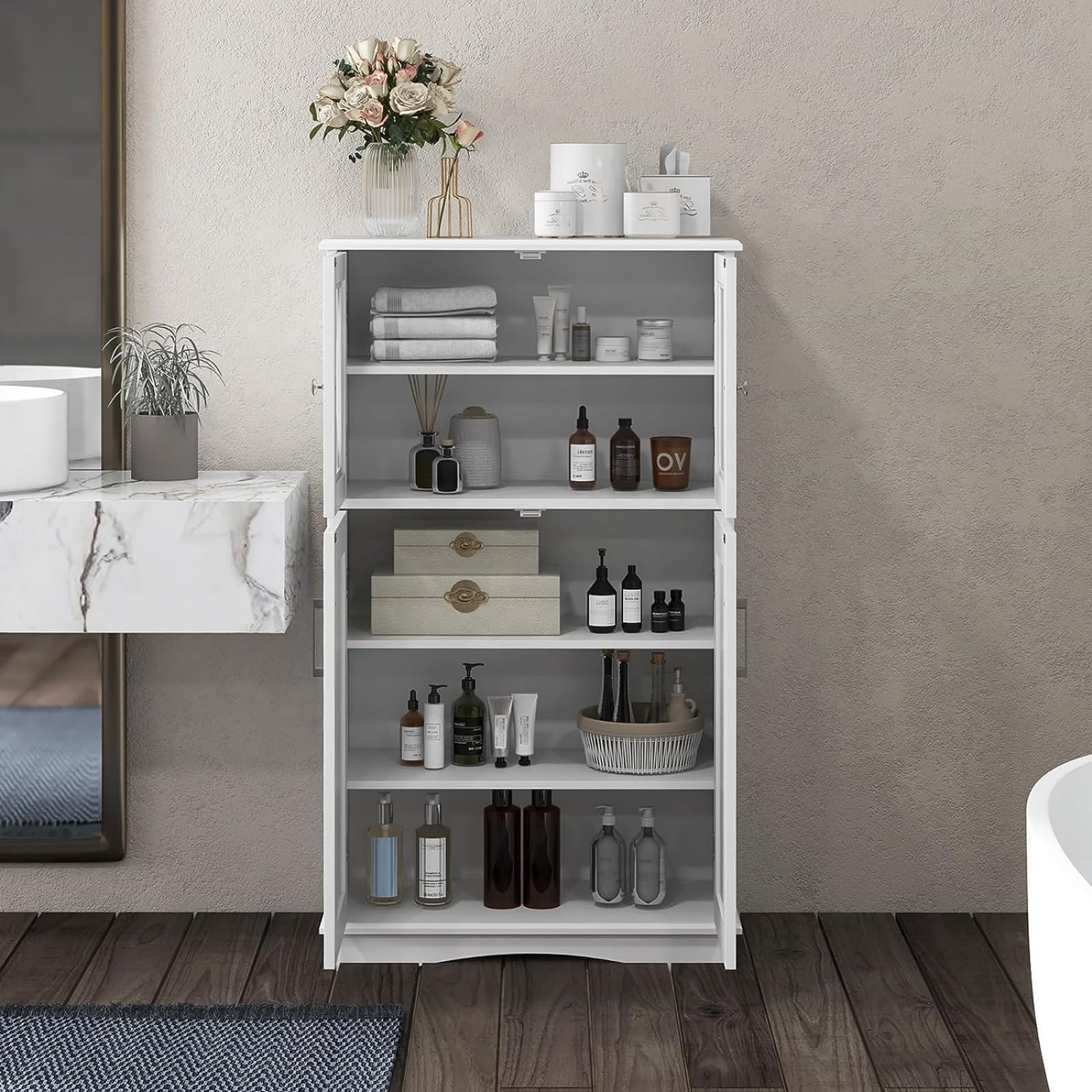 LIFEZEAL Armario de Pie con 2 Puertas y Estantes Ajustables, Armario de Suelo, Organizador de Almacenamiento para Baño, Cocina y Salón, 60 x 30 x 108 cm (Blanco)
