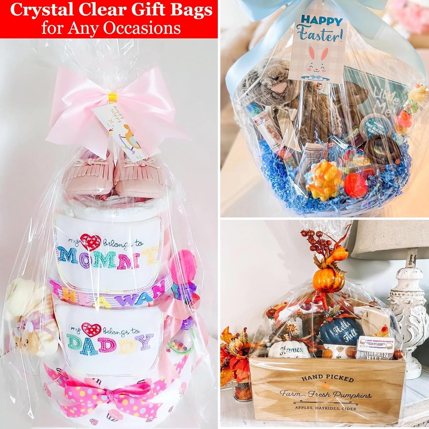 SYOGUA 10 Pack Extra Large Cellophane Bags, 40 x 55 inch, 3 Mil Thicker Clear Gift Bags for Baskets Wrapping Plastic, Jumbo Huge Clear Cellophane Wrap Gift Basket Bag