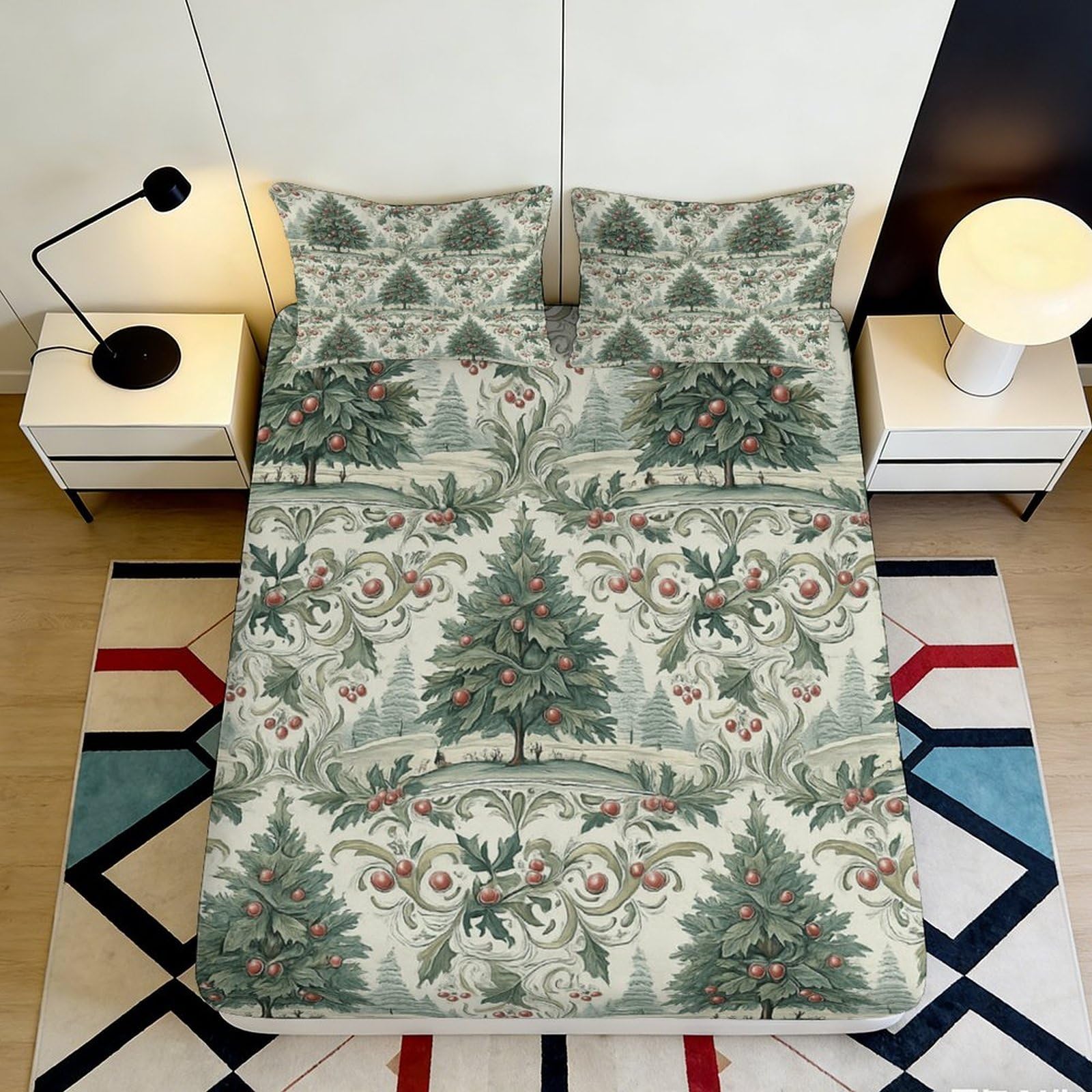 3D Printed Christmas Tree Fitted Sheet Microfiber Soft Durable Decorative Holly Mattress Cover for Bedroom Dormitory Guest Room Protection 180x200x25cm