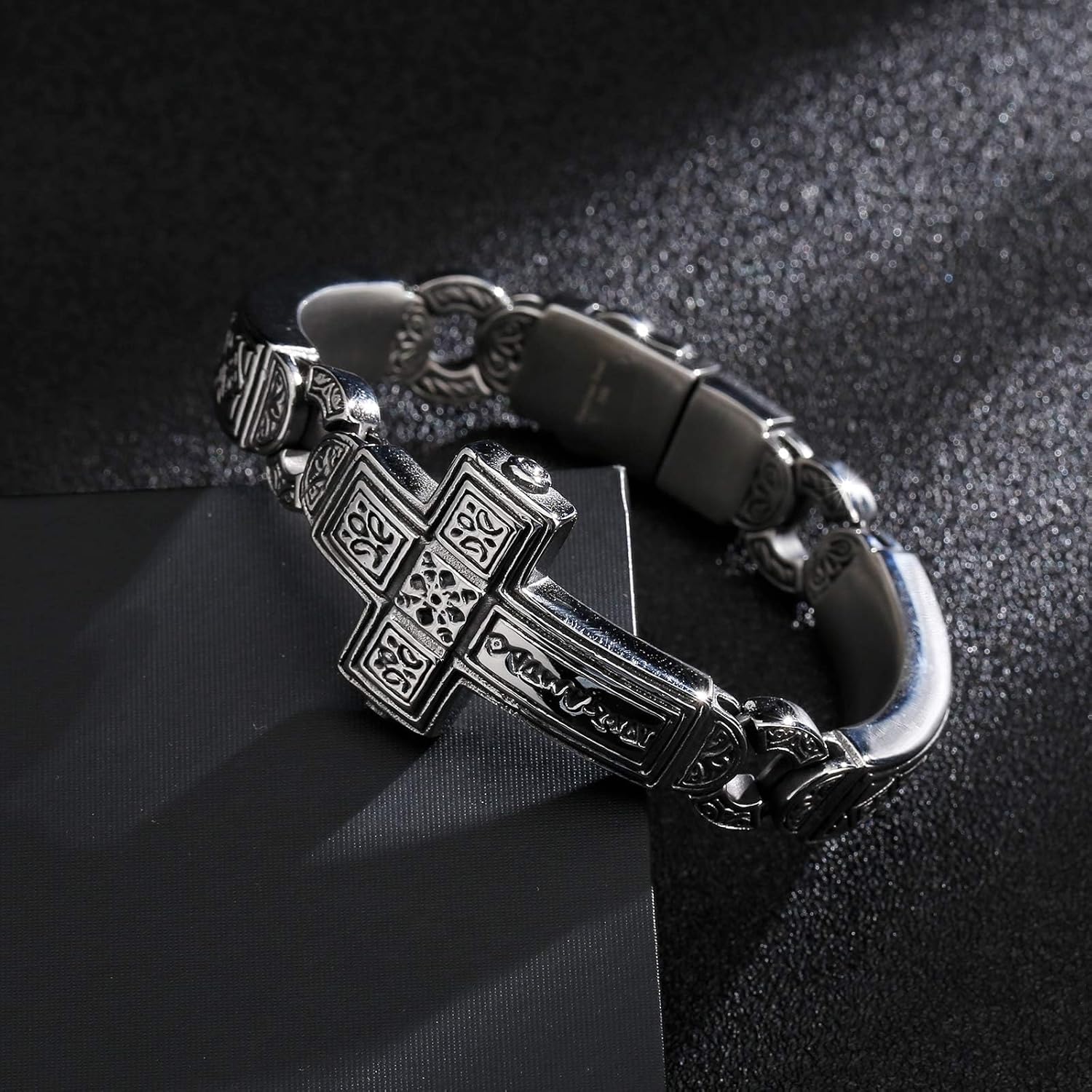 Mens Cross Stainless Steel Bracelet Vintage Retro Punk Cross Bracelet for Men, 8.66" Gothic Jewelry with Polished Engraved Design Men's link for Men - Image 5