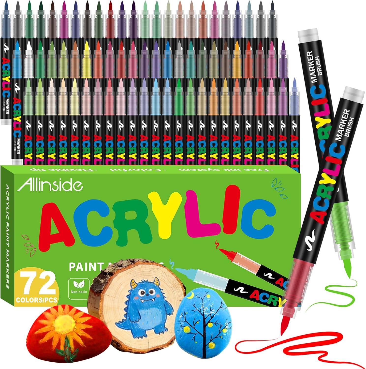 Allinside Acrylic Paint Markers, 72 Colors Soft Brush Tip Paint Pens, Waterproof Quick Dry Acrylic Markers for Rock Painting Wood Canvas Glass Fabric Stone Egg DIY Art Crafts Supplies