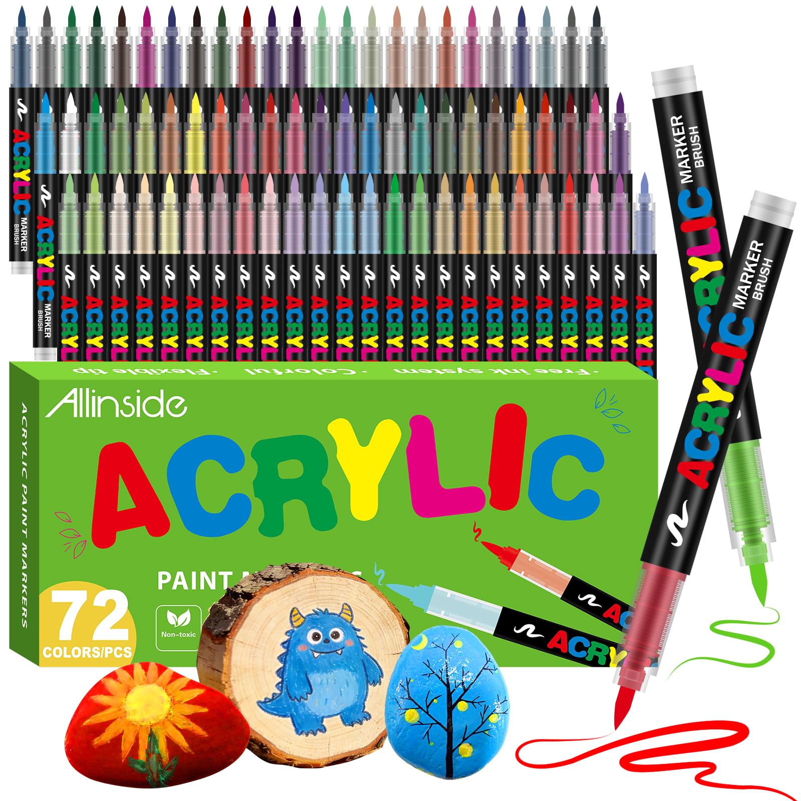 Allinside Rotuladores Acrilicos, 72 Colores Marcadores Acrílicos Punta de Pincel Suave, para Pintar sobre Piedra, Madera, Vidrio, Tela y Manualidades DIY