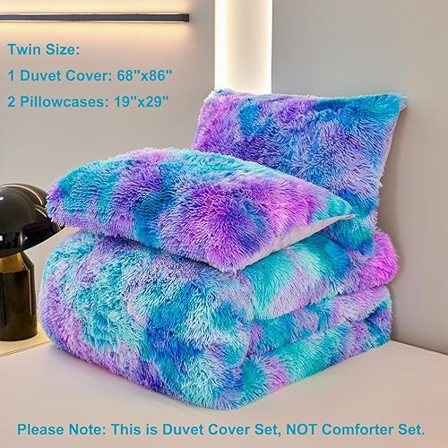Miniatura 40 de SUCSES Faux Fur Duvet Cover Set Twin Size, Tie Dye Rainbow Plush Shaggy Girls Bedding Set, Soft Velvet Fluffy Fuzzy Ombre Comforter Cover Set