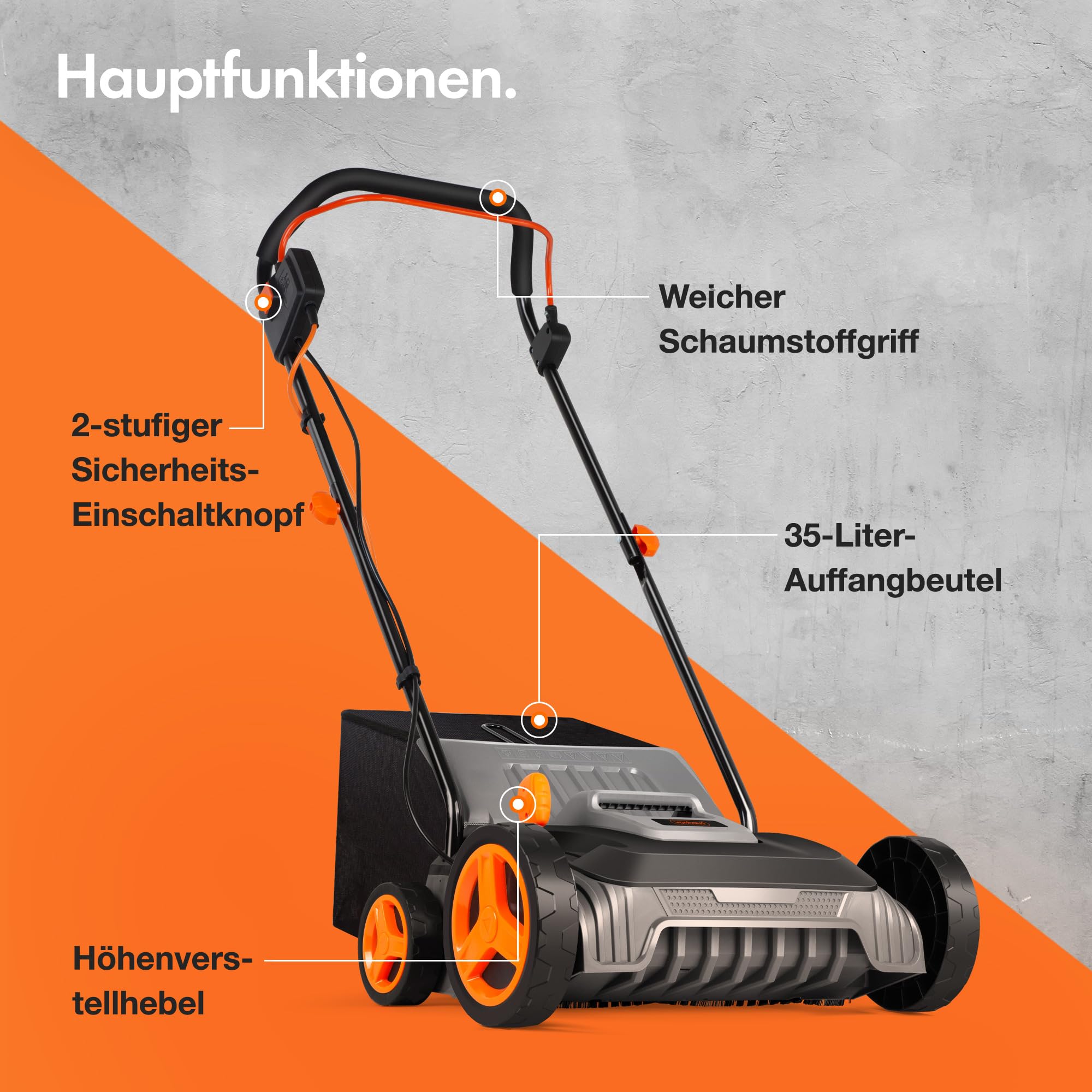 VonHaus Kunstrasenbürste 1500W, Laubsammler für Kunstrasen, Elektrische Kunstrasen Kehrmaschine Reiniger, 35 L Fangsack, 5 Einstellbare Höhen, 330 mm Arbeitsbreite, Klappbarer Handgriff