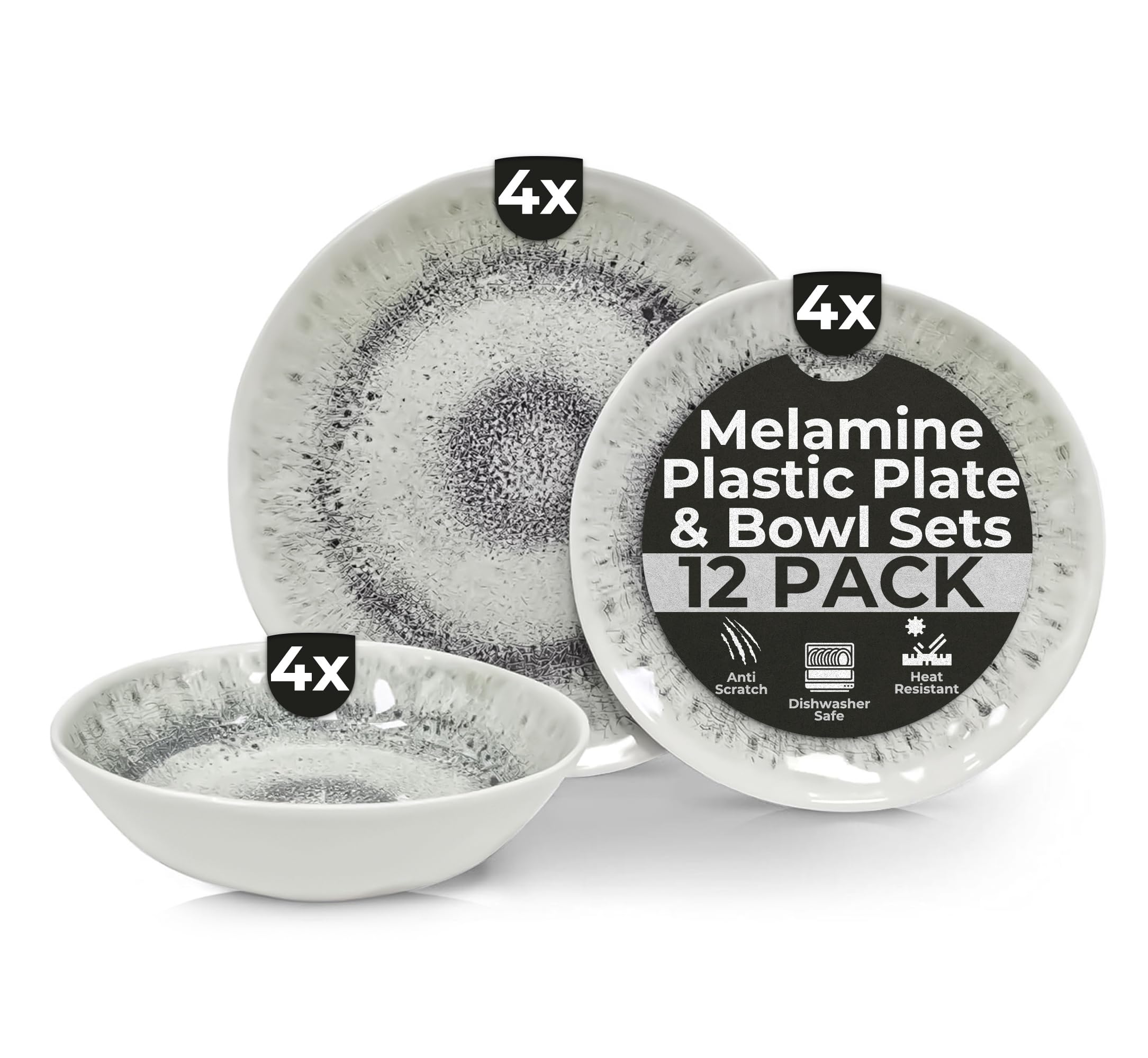 Vanilla Leisure - Melamine Plastic Plate & Bowl Set 12 Piece Set BPA Free & Dishwasher Safe Alfresco Outdoor Camping Plates & Bowl Sets for Caravan Motorhome Heat Resistant Artisan Styled Tableware.