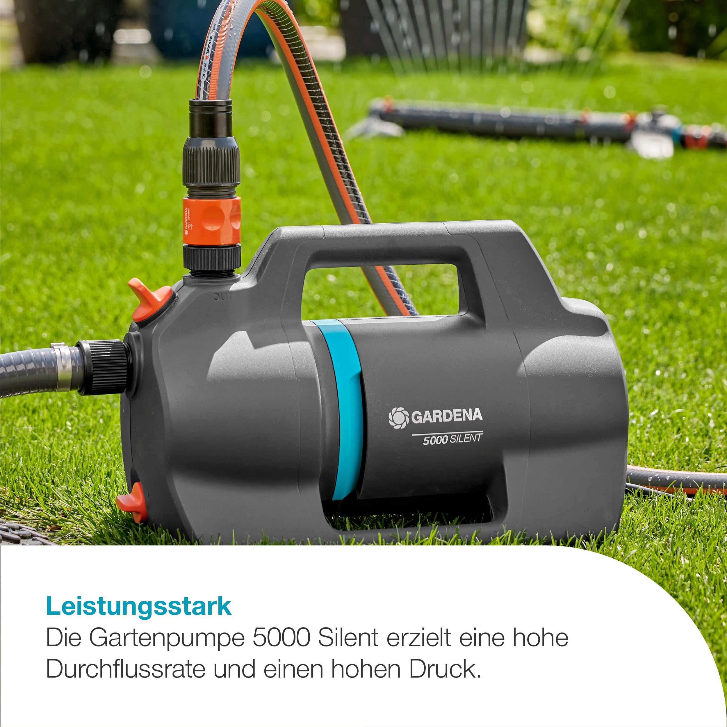 Gardena Gartenpumpe 5000 Silent Pumpen: 26% mehr Wasserdurchfluss bei gleichem Energieverbrauch*, Silent-Technologie, Regen- und UV-geschütztes Gehäuse (09080-20)