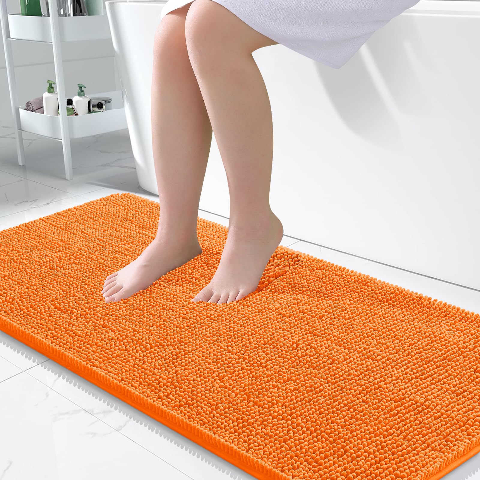 OLANLY Bathroom Runner Rugs 47x24, Extra Soft Absorbent Chenille Bath Rugs | Orange, Quick-Drying Rubber Backing, Washable Long Bath Mat for Bathroom Floor, Tub and Shower, Home Decor Accessories