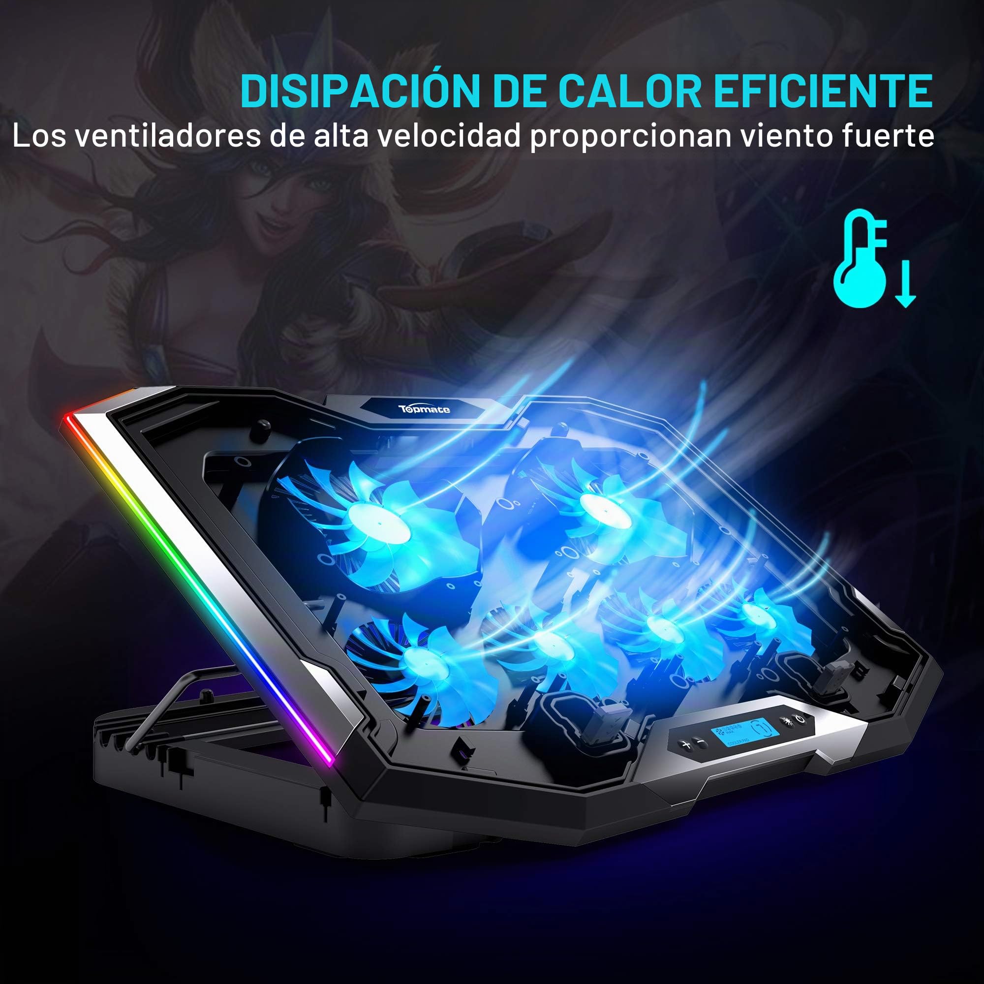 TopMate C11 Laptop Cooling Pad Silver Wing Cooler, RGB Lighting Laptop Cooler Fan Compatible 11-17.3" Laptop, 6 Fans Strong Wind and 7 Lighting Mode Adjustable Angle