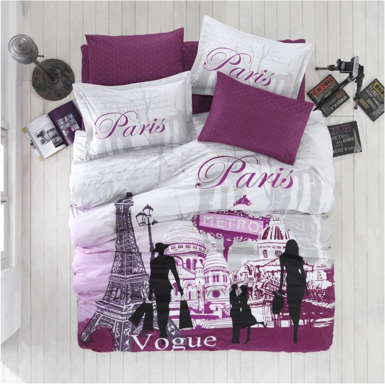 Purple Vogue Ranforce 100% Turkish Cotton 4 Pcs!! Paris Eiffel Tower Theme Themed Full Queen Size Duvet Quilt Cover Set Bedding Linens