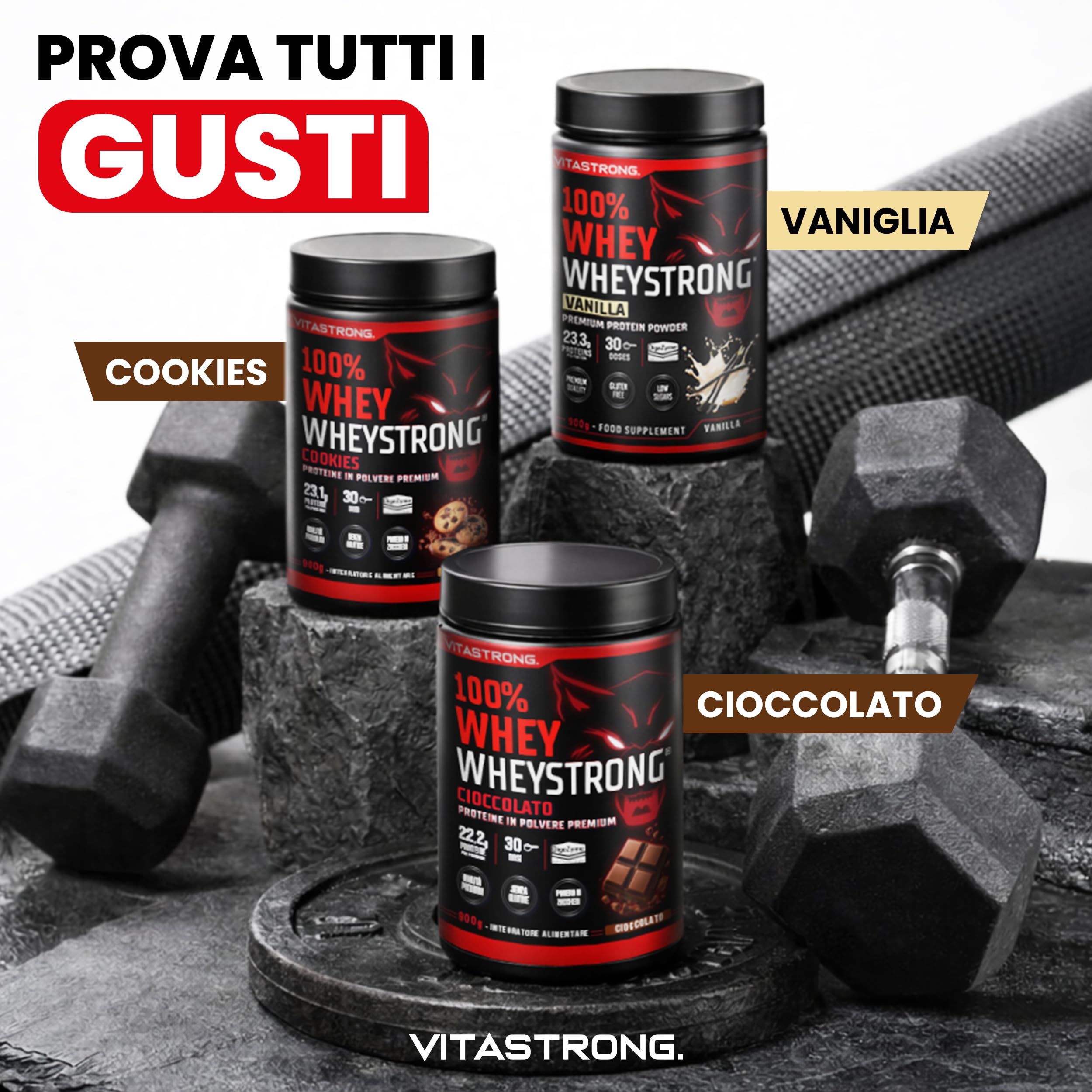 Vitastrong Proteine in Polvere Premium WheyStrong®, 900g, Gusto Cioccolato | 100% Proteine Whey con DigeZyme®, Alta Digeribilità e Concentrazione, Proteine del Siero del Latte Solo da Fornitori Italiani