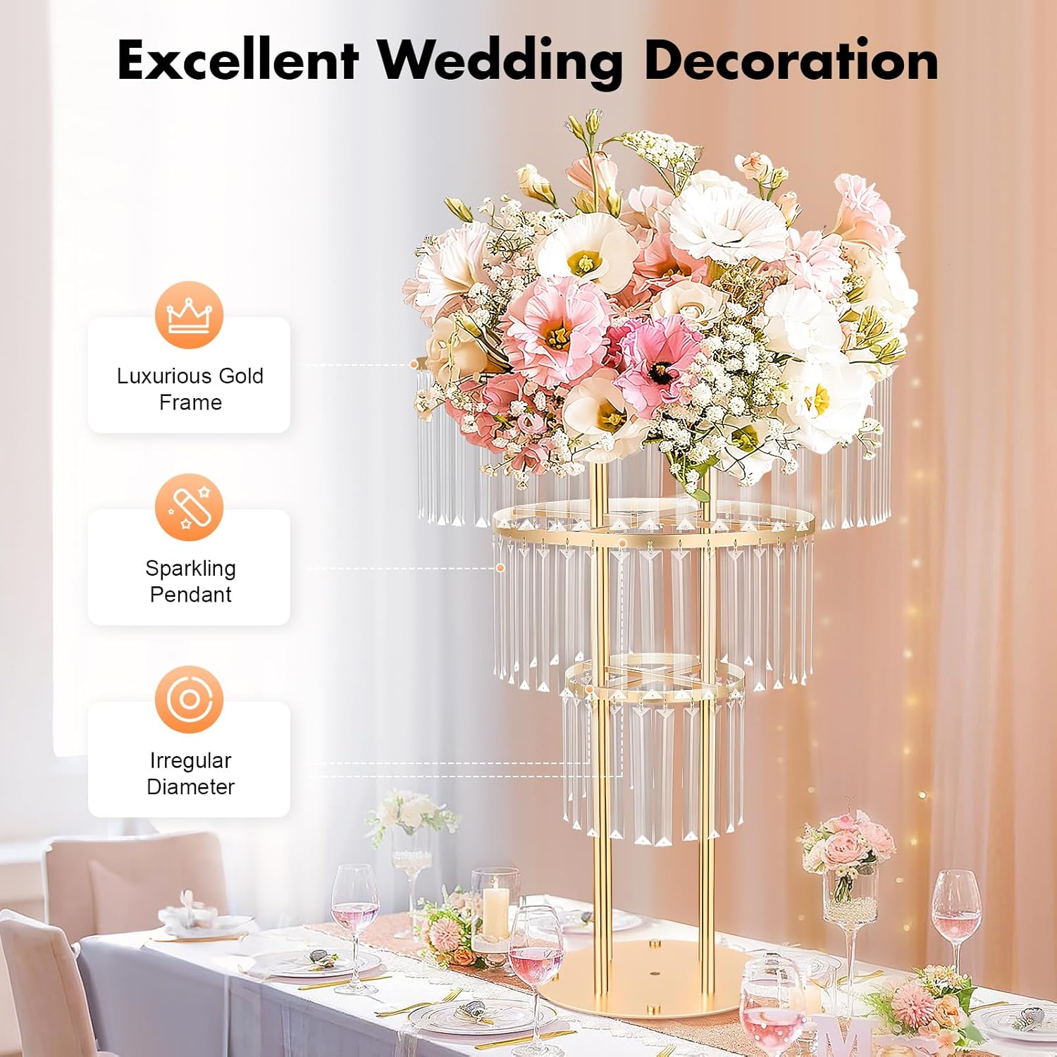 Crystal Flower Stand, 3-Tier Wedding Gold Vases Centerpieces with Hanging Crystals, Round Chandelier Pedestal Stand for Wedding, Reception & Party Decoration