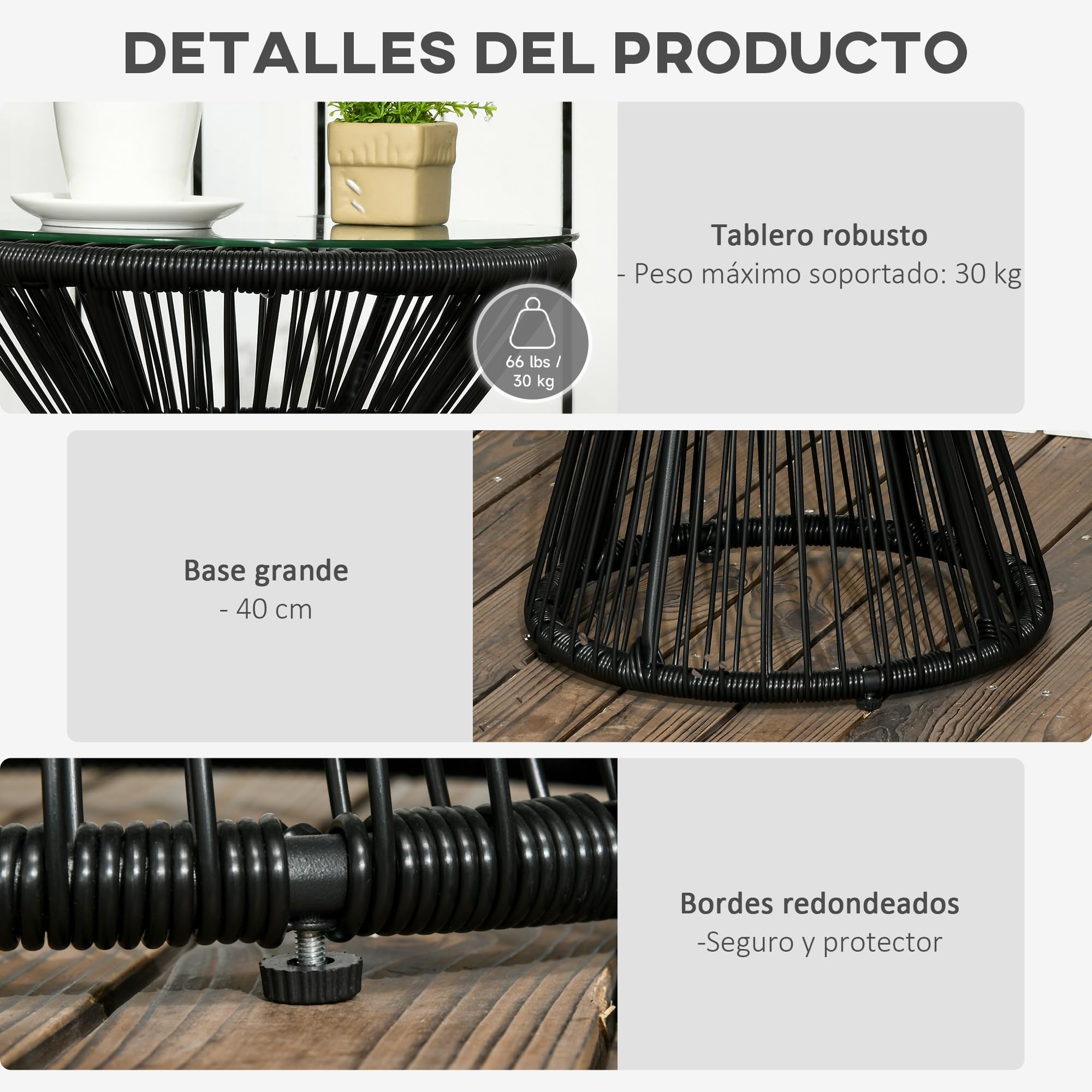 Outsunny Mesa Auxiliar de Ratán Sintético Redonda Ø40x42 cm Negro | Mesa de Centro Redonda, Marco de Metal, Carga 30 kg, para Patio Jardín Balcón