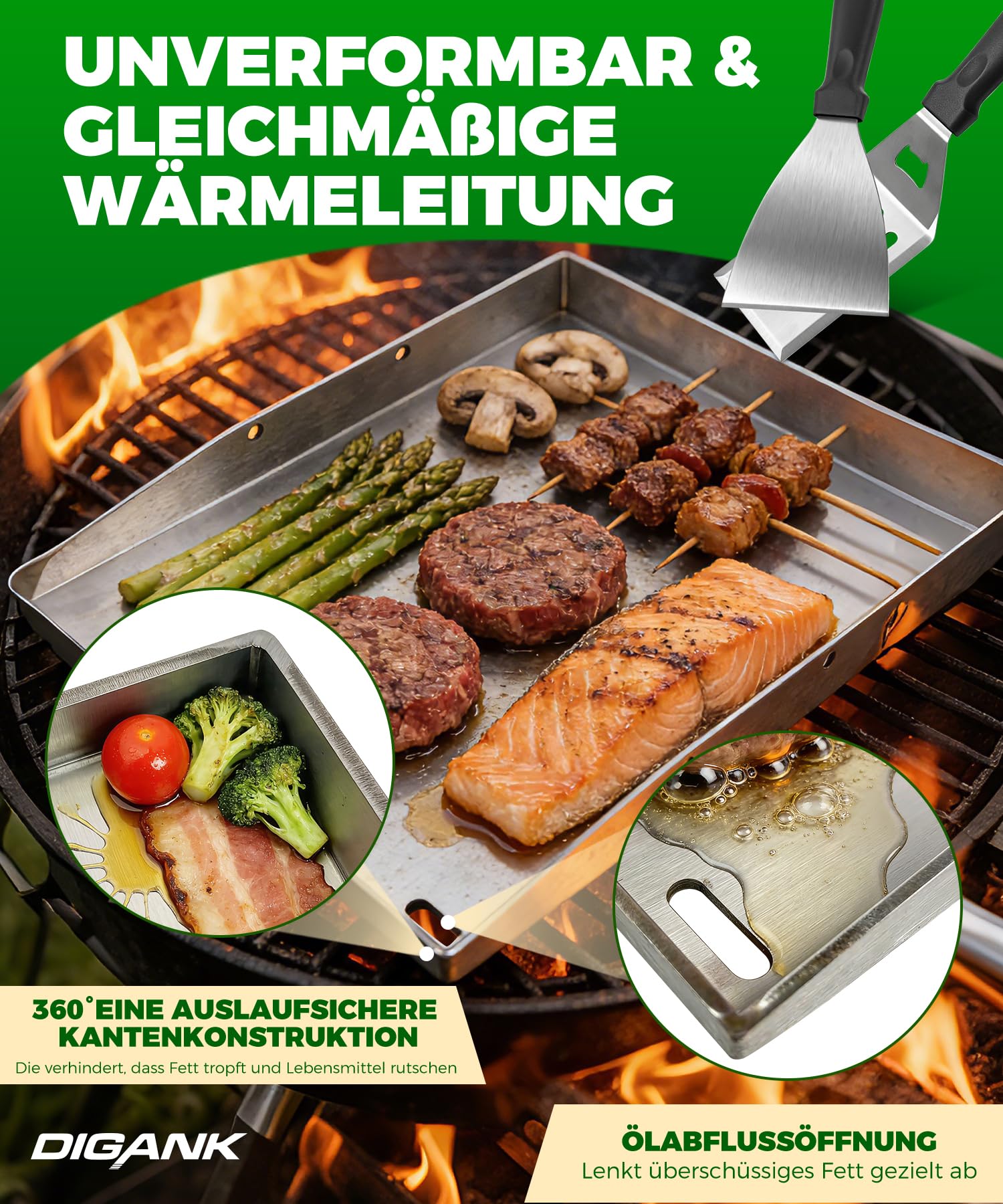 Edelstahl Plancha Grillplatte 40x30cm, 4mm Massiv plancha platte mit Grillzubehör,Grillspachteln Set, für Gasgrill und Holzkohlegrill