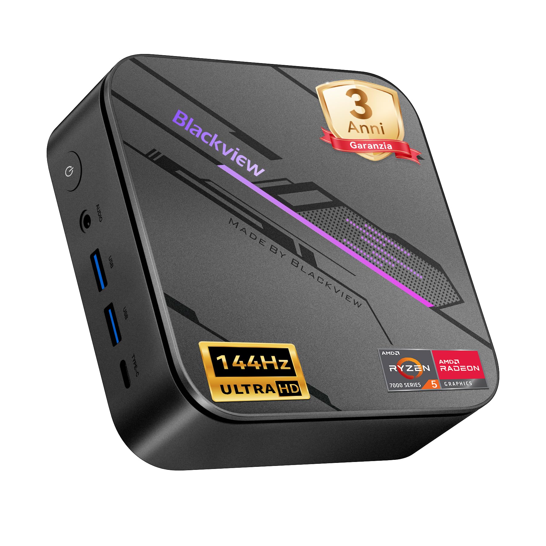 Blackview MP100Pro Mini PC (2026), AMD Ryzen 5 7430U, Win 11 Pro Mini Computer 16GB (ultra-veloce 3733 MT/s) RAM 512GB M.2 SSD, 4K 144 Hz, Illuminazione RGB, WiFi 6 per Ufficio,Studio,Business