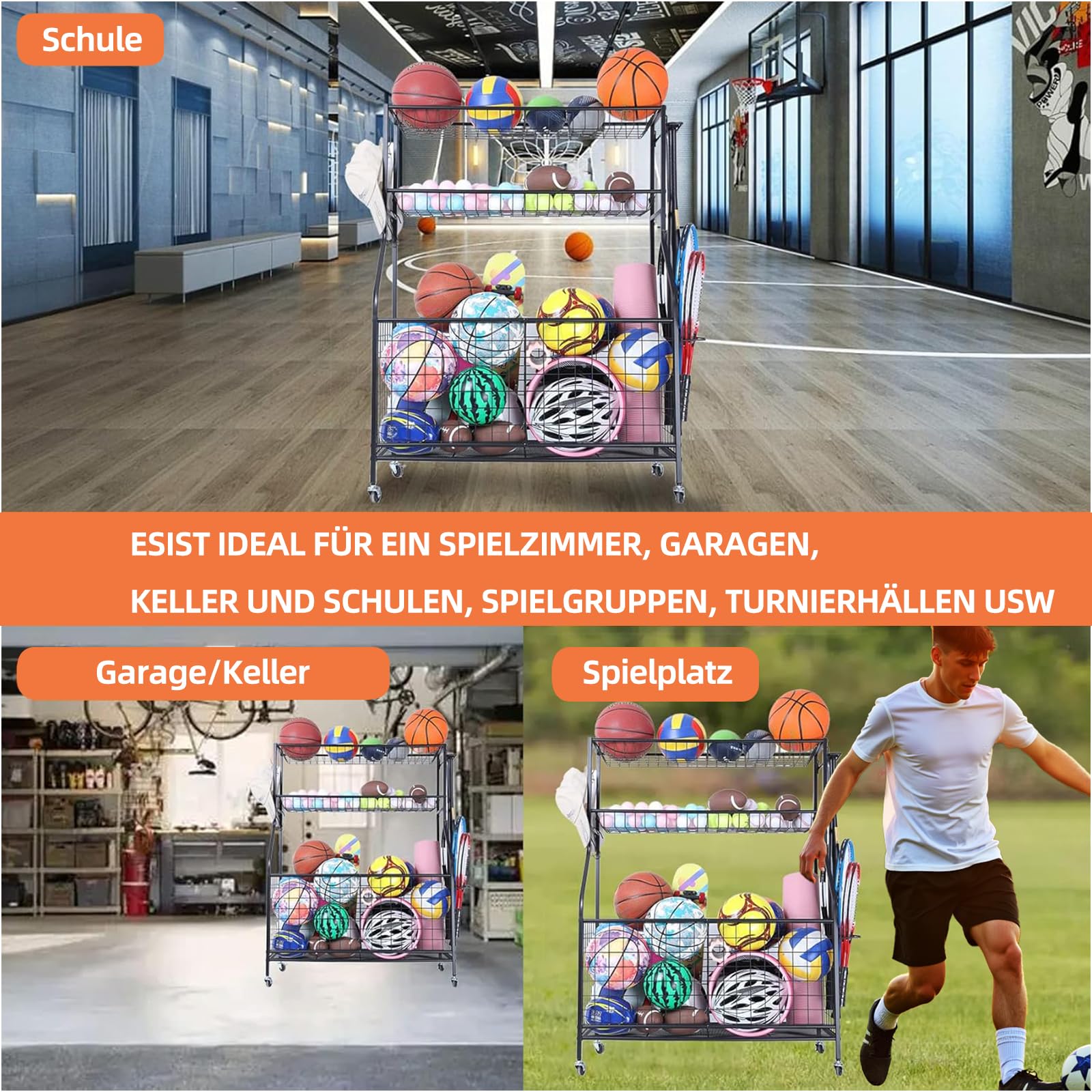 Sportgerätelagerregal aus Kohlenstoffstahl – 2 Körbe, 2 verschließbare Räder – Stabiler Organizer für Homegym, Garage, Schulsportartikel