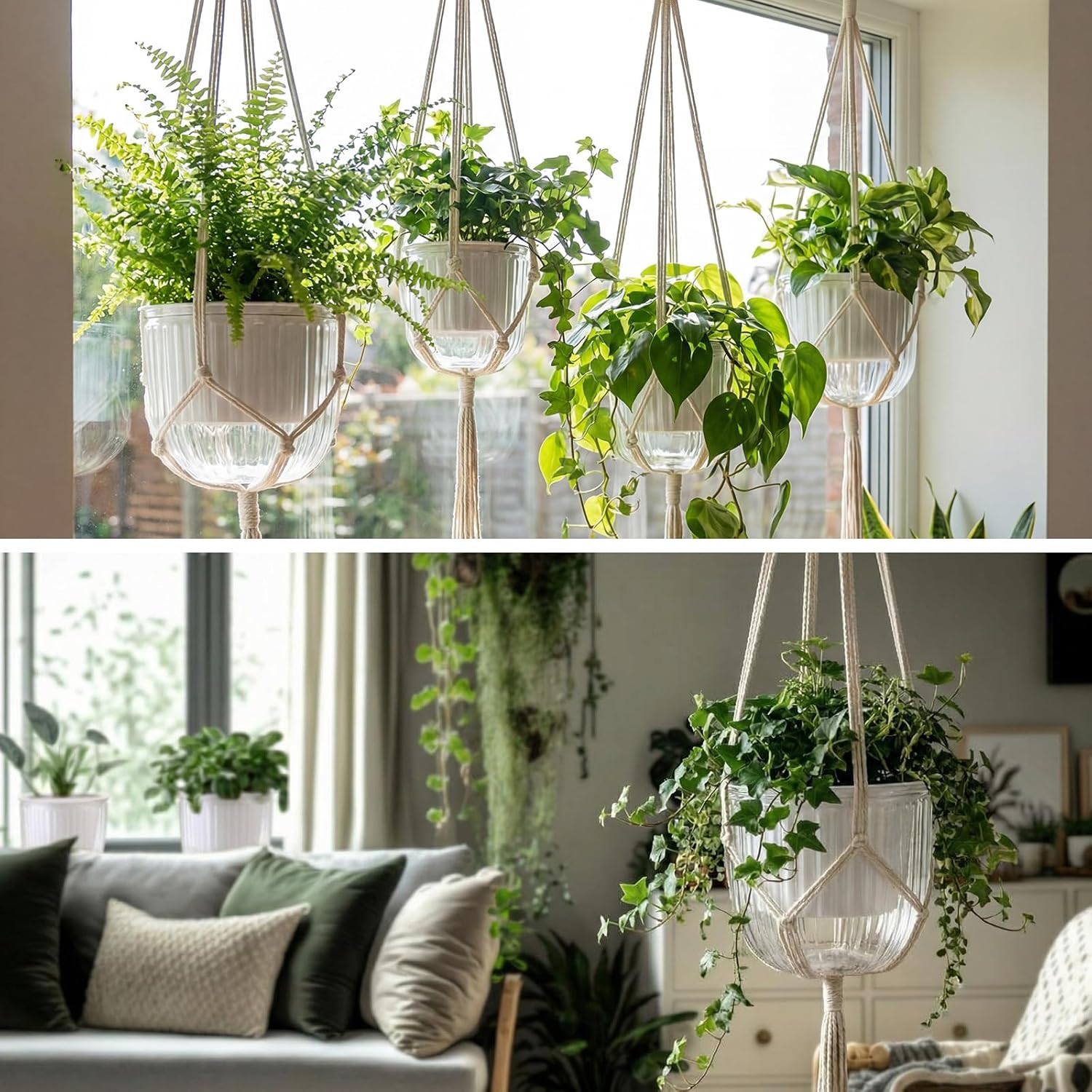 6 Pack Self Watering Hanging Planters Indoor Flower Pots(4.5"+6.5") Visible Water Level Markers 3 Hanging Ropes with Drainage Holes for Indoor Outdoor Garden Home Decor Supplies (White)