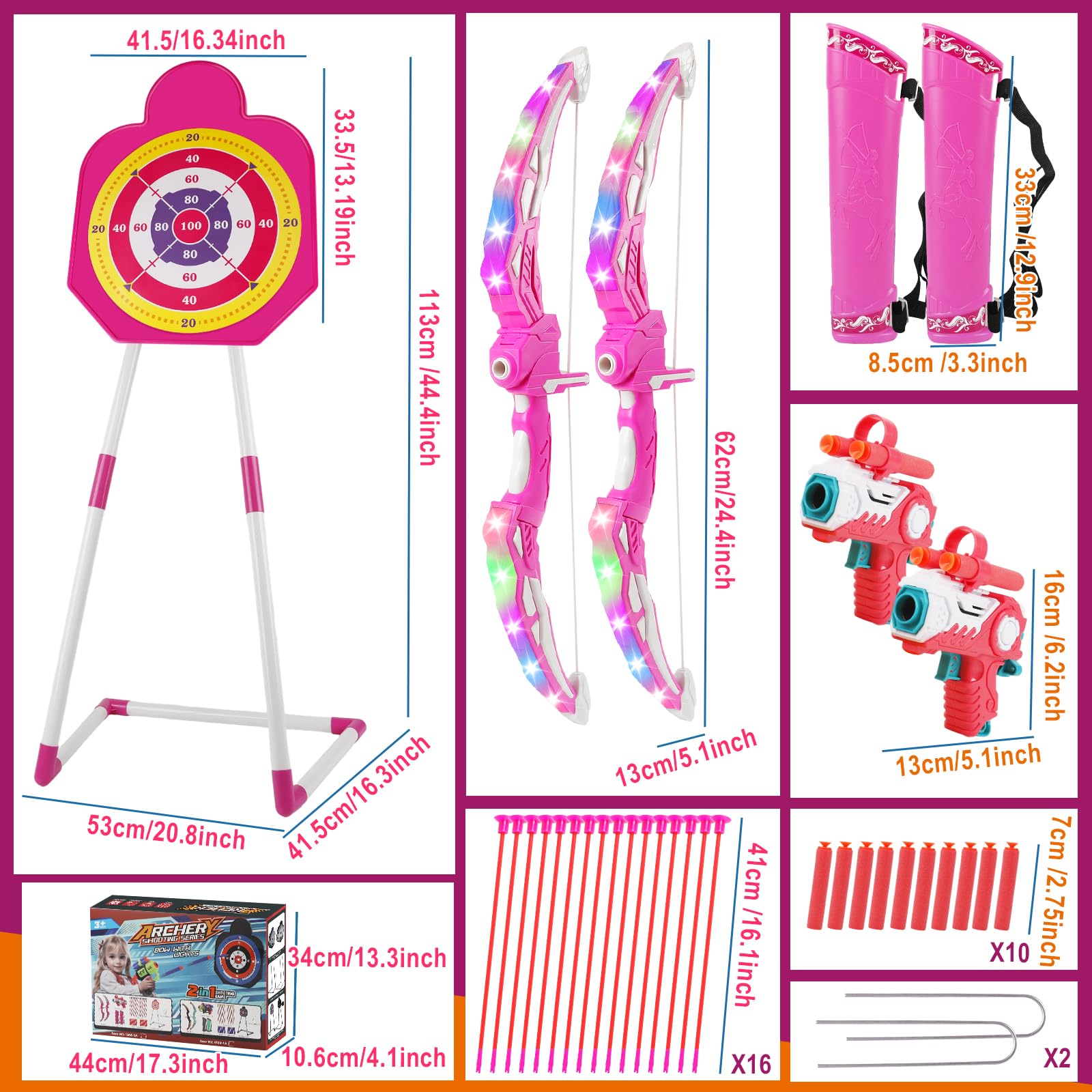 2 Pack Arco e Freccia per Bambini con Luci LED, Giocattolo per Bambini Tiro con l'arco Luminoso, Giocattolo Interno ed Esterno per 3-12 Anni Regalo Ragazzi Ragazze (Rosa)