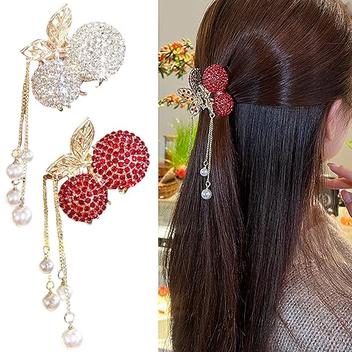 Paquete de 2 pinzas para el cabello con diamantes de imitación pinzas de metal antideslizantes para el cabello horquillas con borlas de cereza