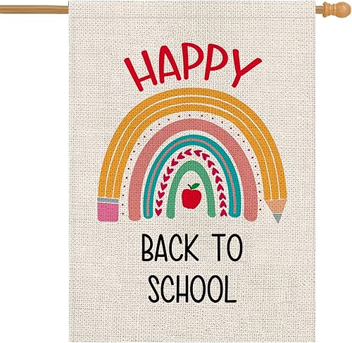 Lápiz de bandera de casa de regreso a la escuela, diseño de arco iris, granja, césped, casa al aire libre, decoración divertida, 28 x 40 pulgadas