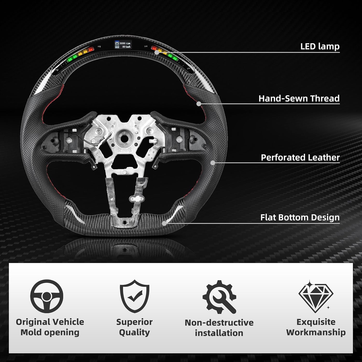 LED Carbon Fiber Steering Wheel for Infiniti 2017-2024 Q50 Q60 LED Display Indicator Perforated Leather Anti-Slip Steering Wheel for 2017-2024 QX50 QX60 with Paddle Holes