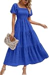 PRETTYGARDEN Womens Summer Puff Short Sleeve Maxi Dress Square Neck Smocked Tiered Ruffle A Line Long Flowy Beach Dresses