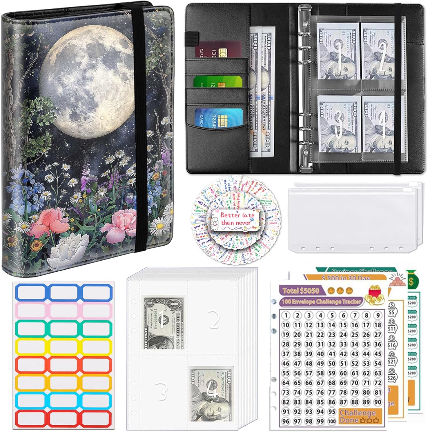 100 Envelopes Money Saving Challenge A5 Money Saving Binder with Cash Envelopes，Budget Binder Savings Challenge Book for 100 Day to Save $5,050 for Budgeting Planner, Moon Garden