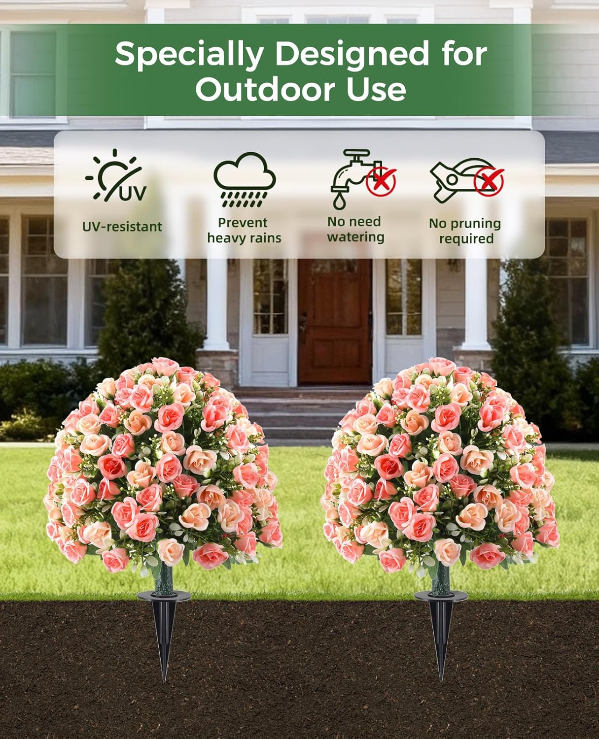 24’’ Pink Rose Topiary Ball Tree, Faux Plants Outdoor Rose Bush, Fake Evergreen Potted Plants Artificial Decor for Garden, Front Porch, Living Room, Balcony Decor, Set of 2