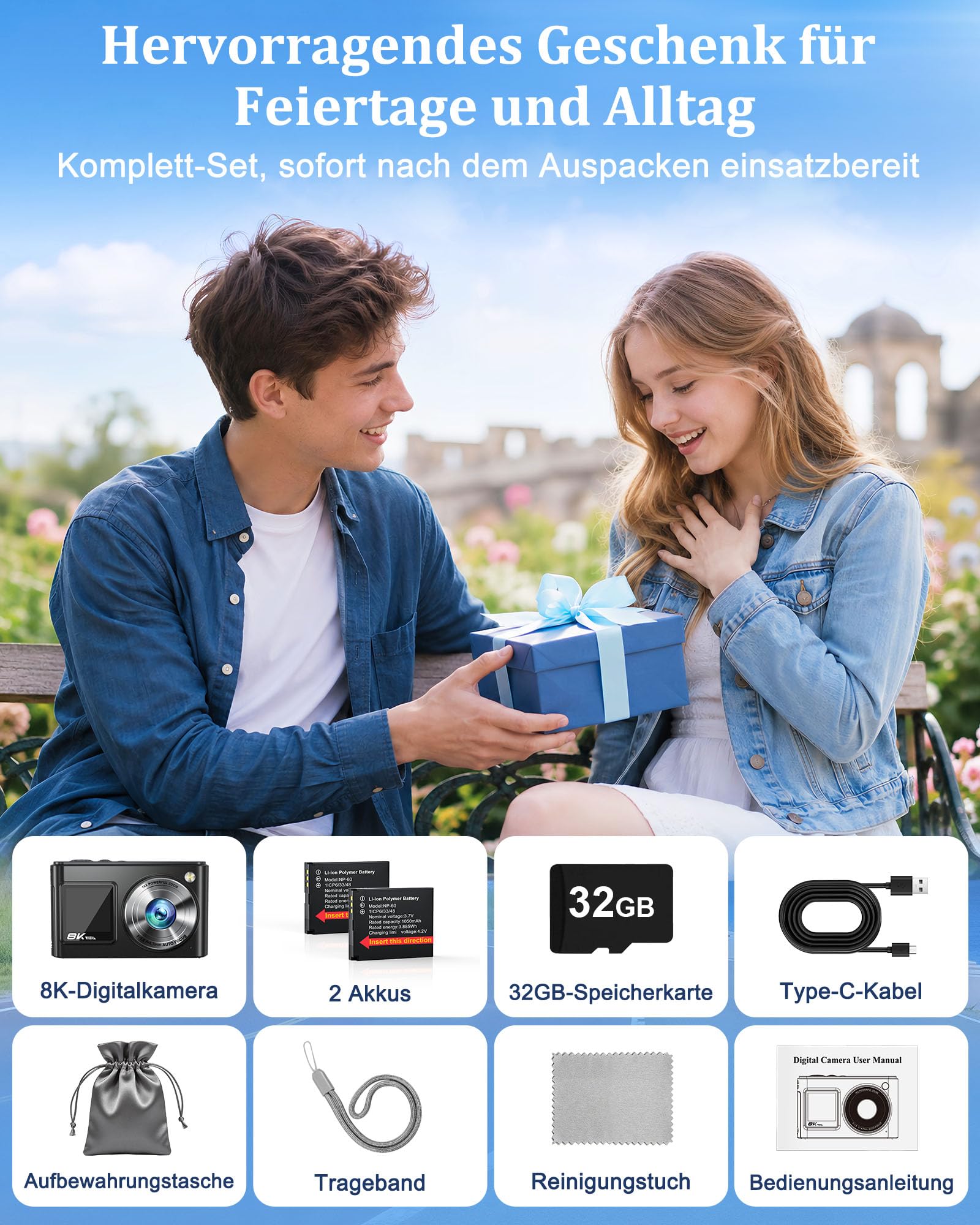 2026 Neueste Digitalkamera 8K 96MP Vlogging Kamera mit WLAN, Dual-Display Autofokus Bildstabilisator Kompaktkamera für Einsteiger, Digitale Kamera mit 32GB SD Karte und 2 Akkus
