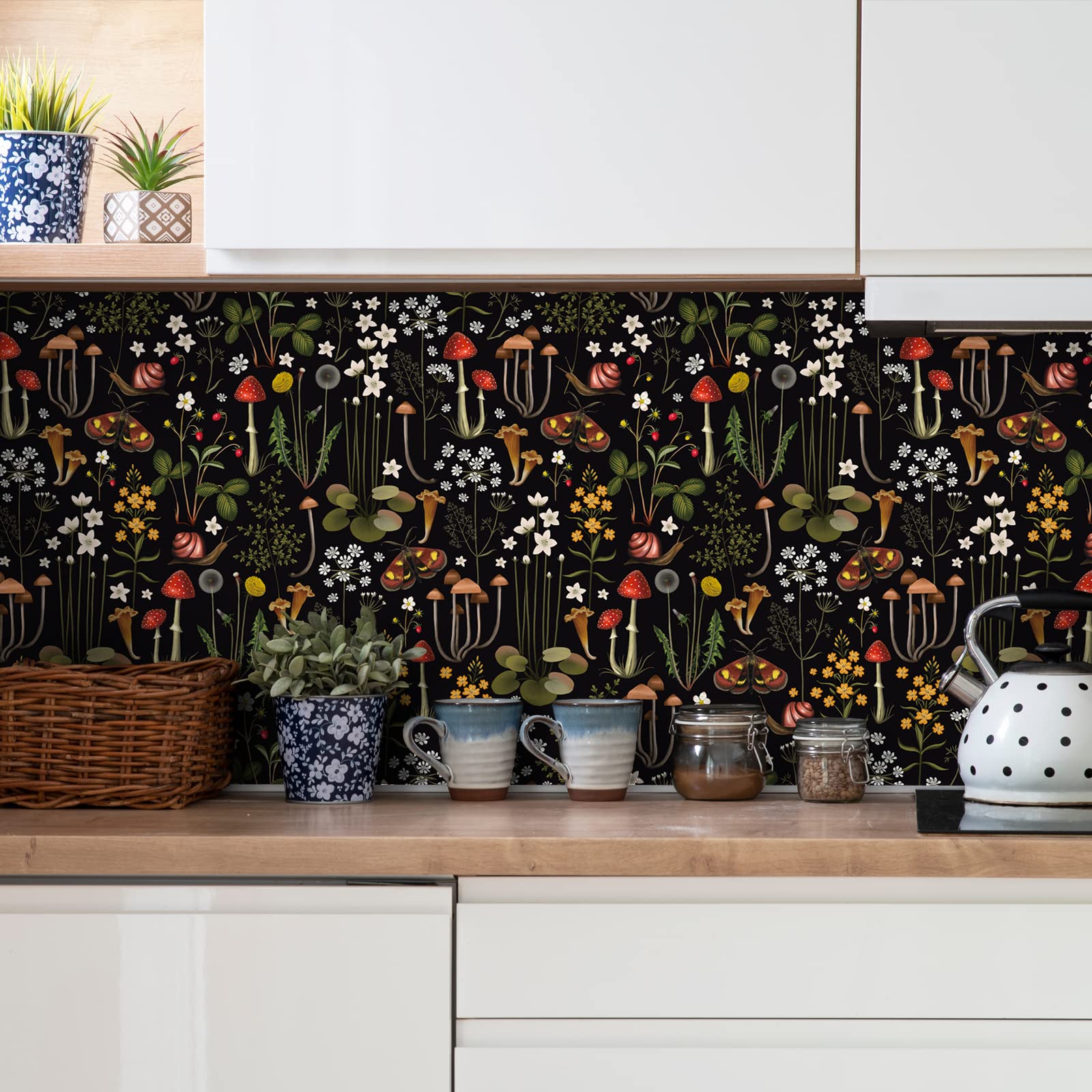VEELIKE Papel Pintado Flores Negro 44.5cm×900cm Selva Tropical Champiñón Papel de Pared Hojas Caracol Fotomurales Decorativos Pared Dormitorio Papel Adhesivo para Muebles Cocina Papel Tapiz Baño