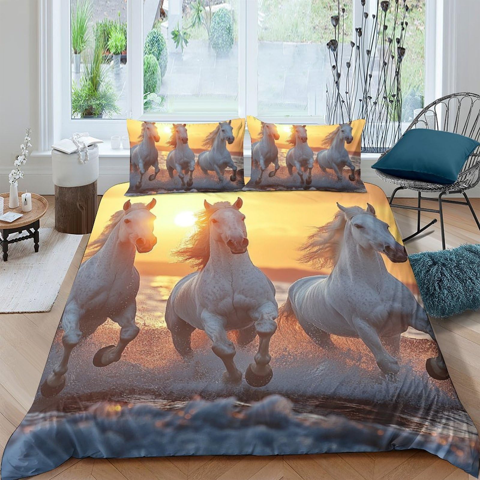 Ctjqhvkz Style-3 3D Printed Sunset Beach Running Horse Fitted Sheet Microfiber Soft Breathable Wild Stallion Mattress Cover Bedroom Decor Single（135X200cm）