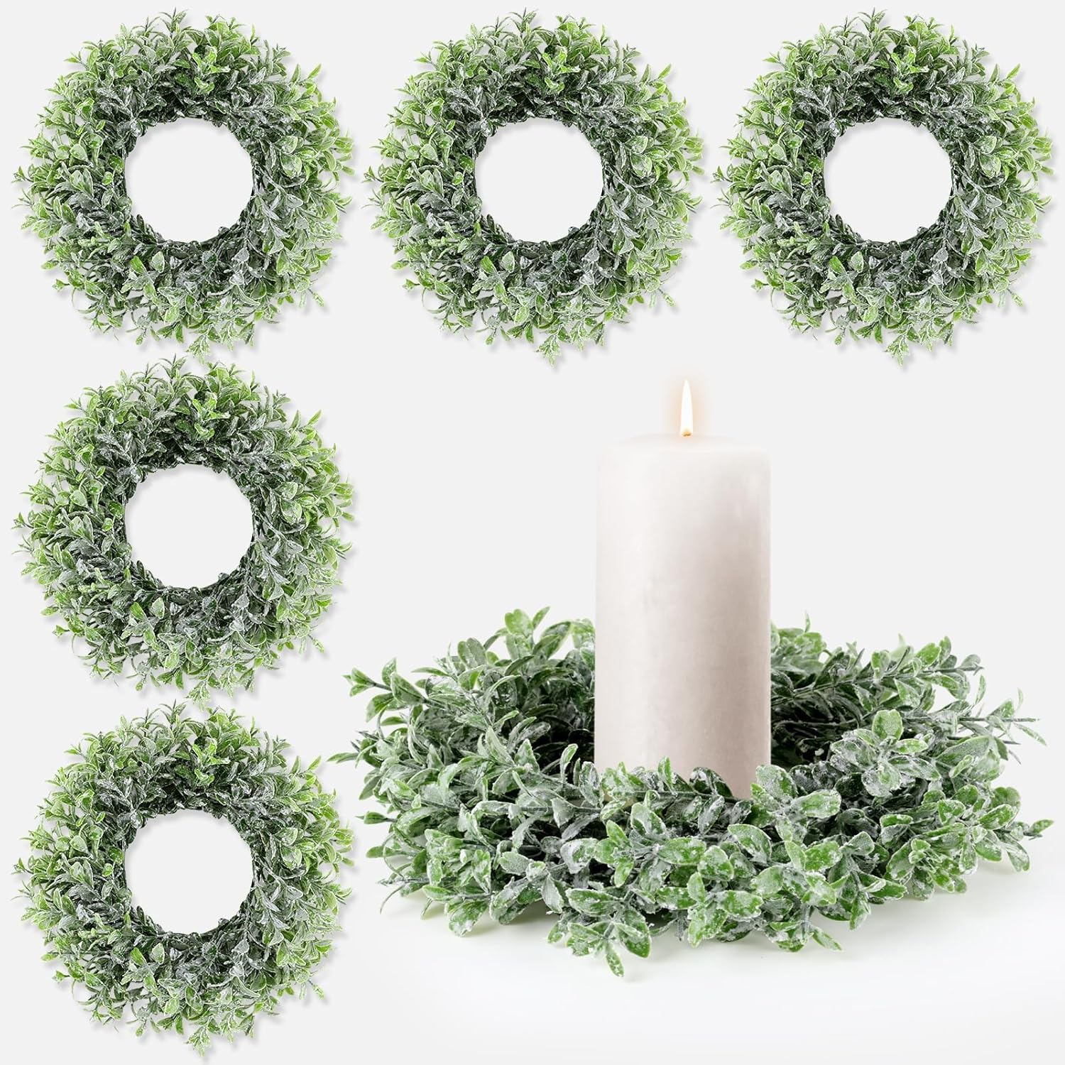 6 pcs 3 inch mini green boxwood candle rings wreaths spring summer eucalyptu kitchen cabinet swags wedding candle rings wreaths pillar candles holder for wedding home door tabletop pillar decor eucalyptus 6