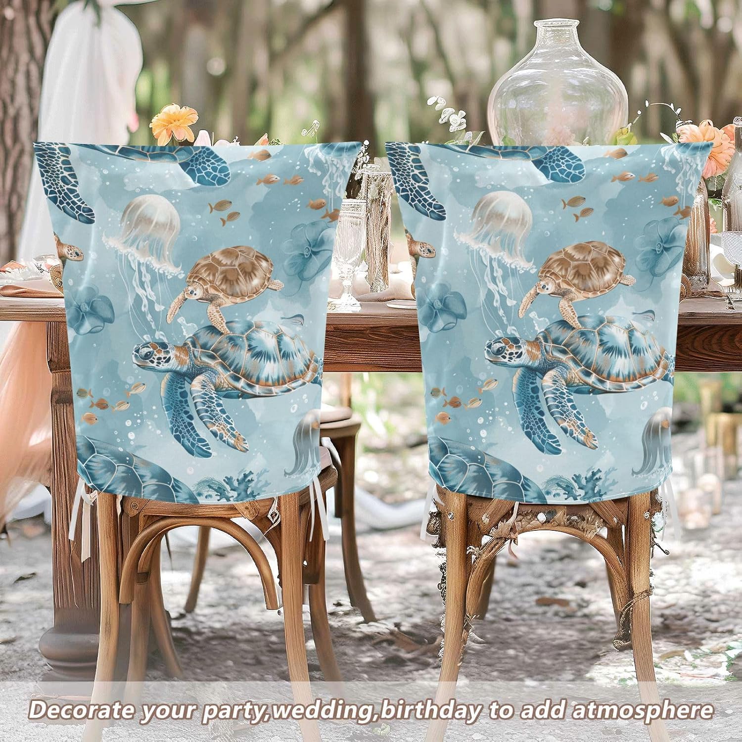 ALAZA Jellyfish Turtle Chair Back Cover Set of 6, Washable Reusable Removable Chair Slipcovers Decorative Chair Cover for Home Kitchen Wedding Party