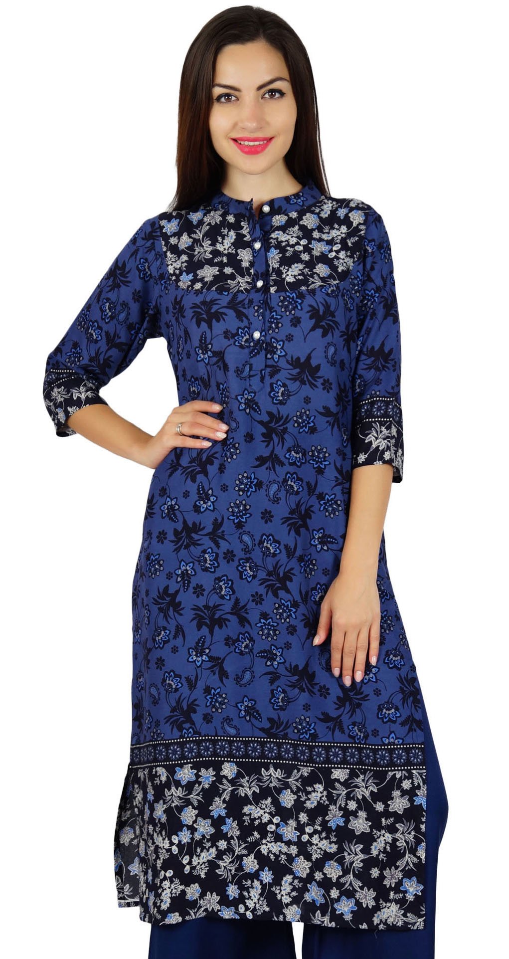 Bimba Women Kurta Kurti with Pockets Casual Tunic Mandarin Collar Long Blouse Blue
