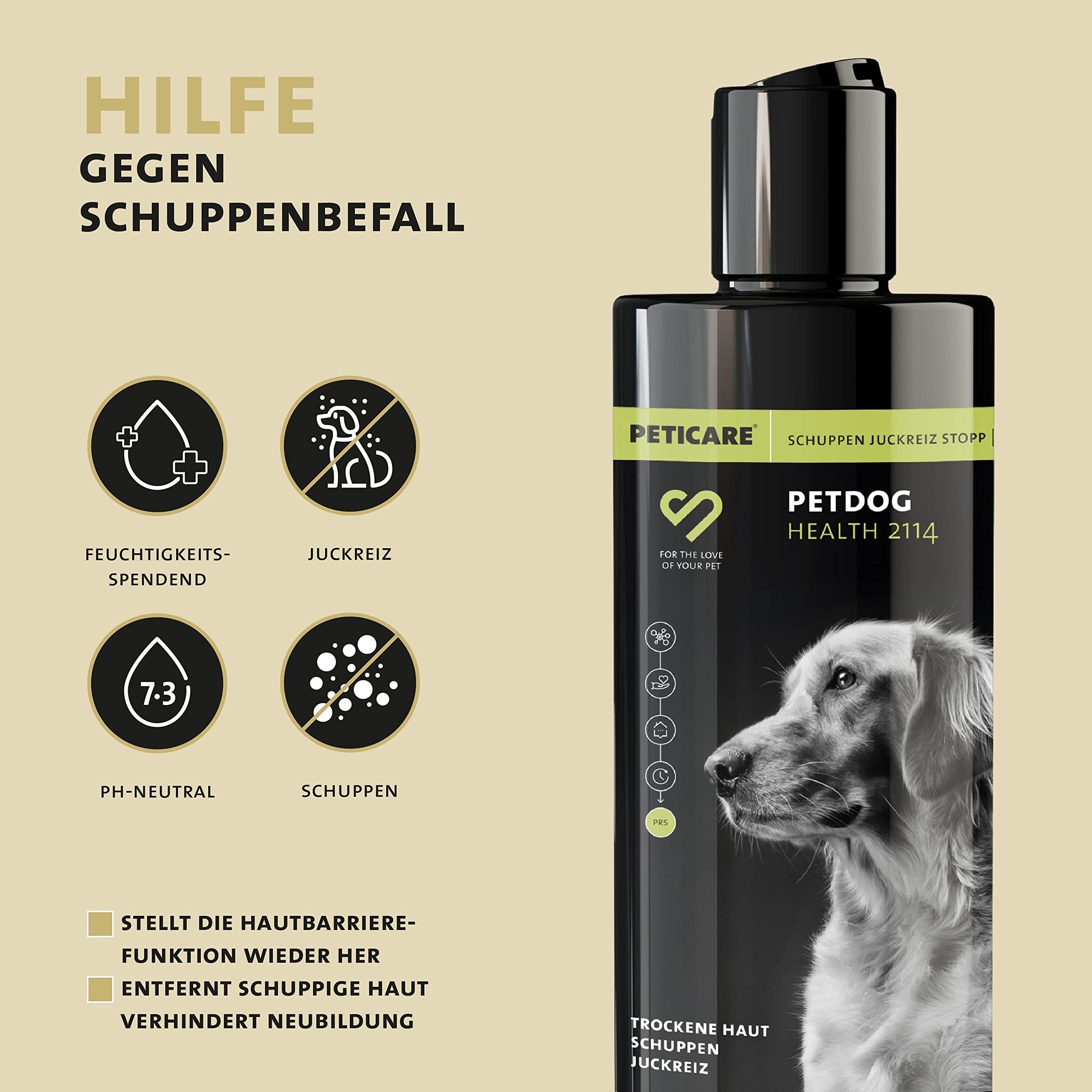 Peticare Anti-Schuppen Shampoo für Hunde | bei Juckreiz & Hautirritationen | für trockene & Sensible Hundehaut | wirkt rückfettend | einzigartiges PRS® System für Lange Wirkung - petDog Health 2114