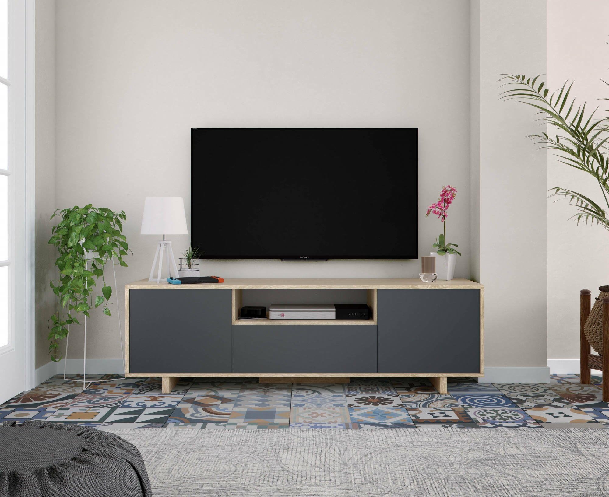 Dmora - Mobile porta TV Visalia, Credenza per televisione da soggiorno, Supporto TV a 3 ante, Credenza bassa, 150x41h46 cm, Rovere