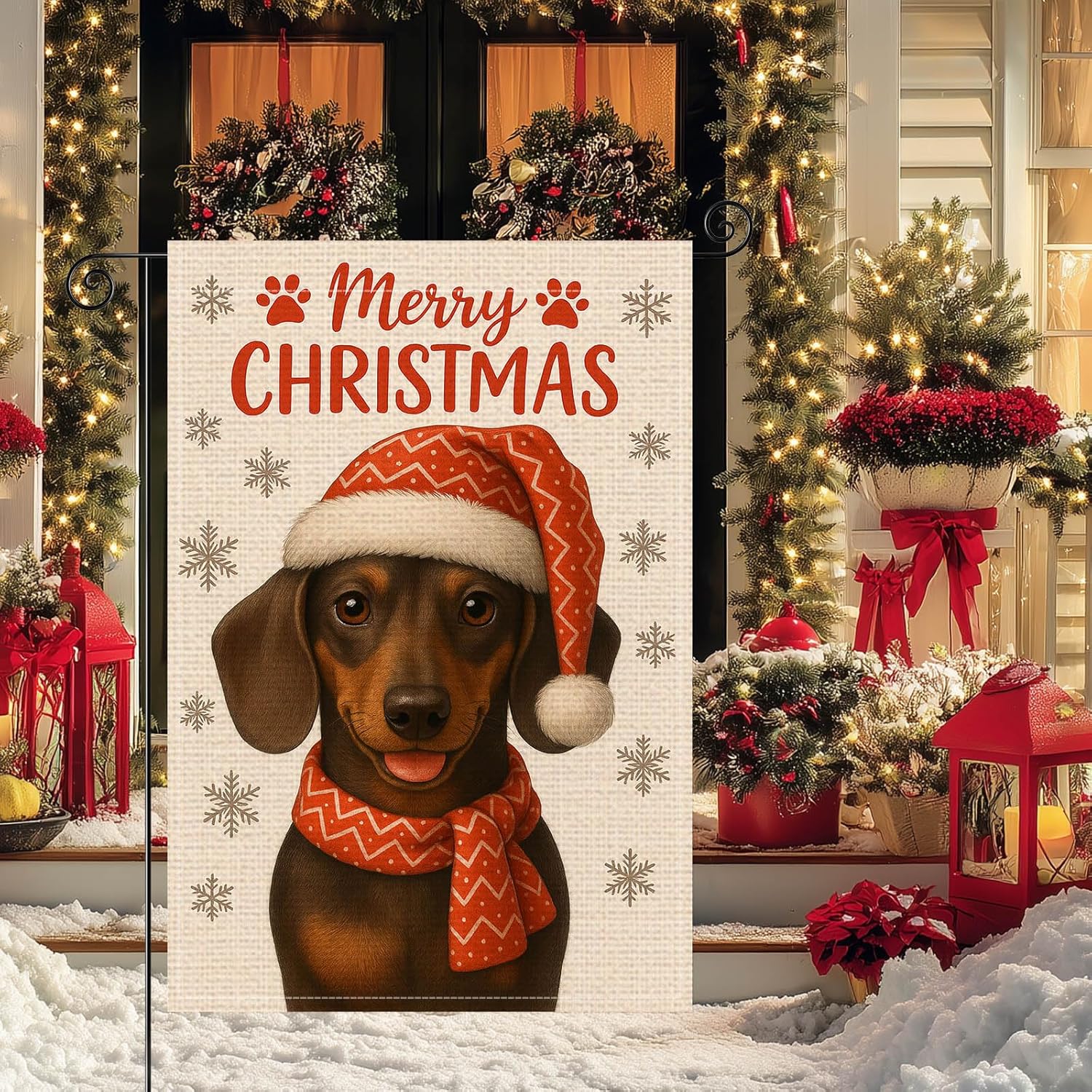 Merry Christmas Dachshund Garden Flag Double Sided 12x18 Inch Burlap Dog Garden Flag Red Hat Scarf Seasonal Banner for Indoor and Outdoor Decoration Yard Lawn Decor - Image 7