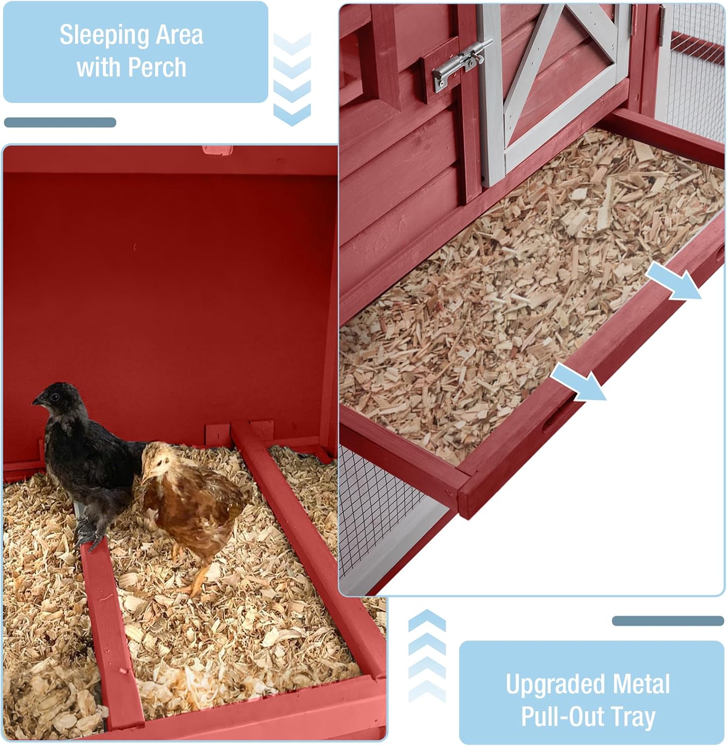 Large Chicken Coop with Run and Wheels, Wooden Hen House with Nesting Box and Waterproof Roof, Poultry Cage with Leakproof Tray, Rabbit Hutch, Bunny Cage Outdoor, Chicken Tractor for 4 Chickens (Red)