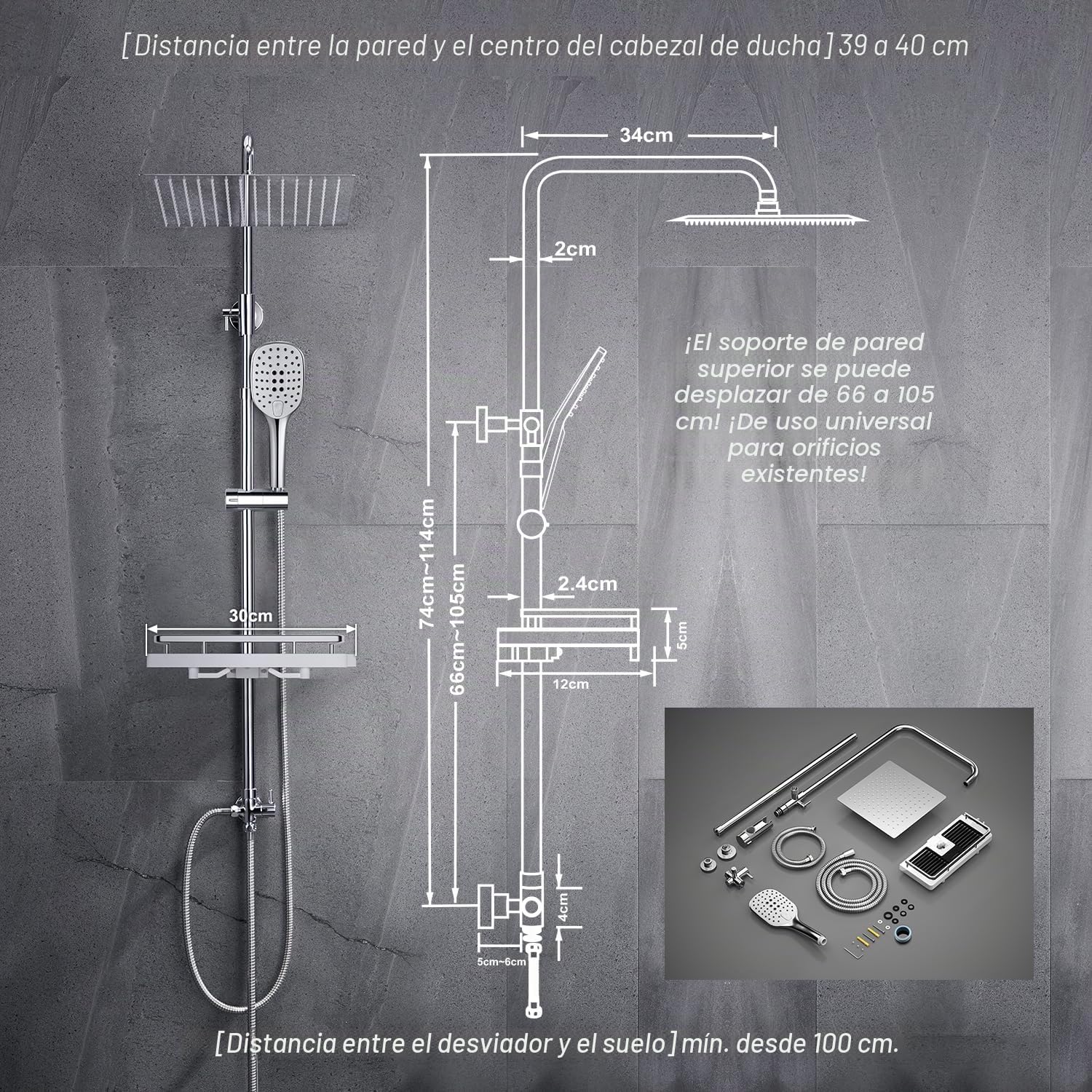 JOHO Columna de Ducha en Acero INOX sin Grifo Termostático, Conjunto ducha con Barra Ducha Altura Adjustable, Cabezal Ducha Lluvia 20x20 cm y Estante, Cromo