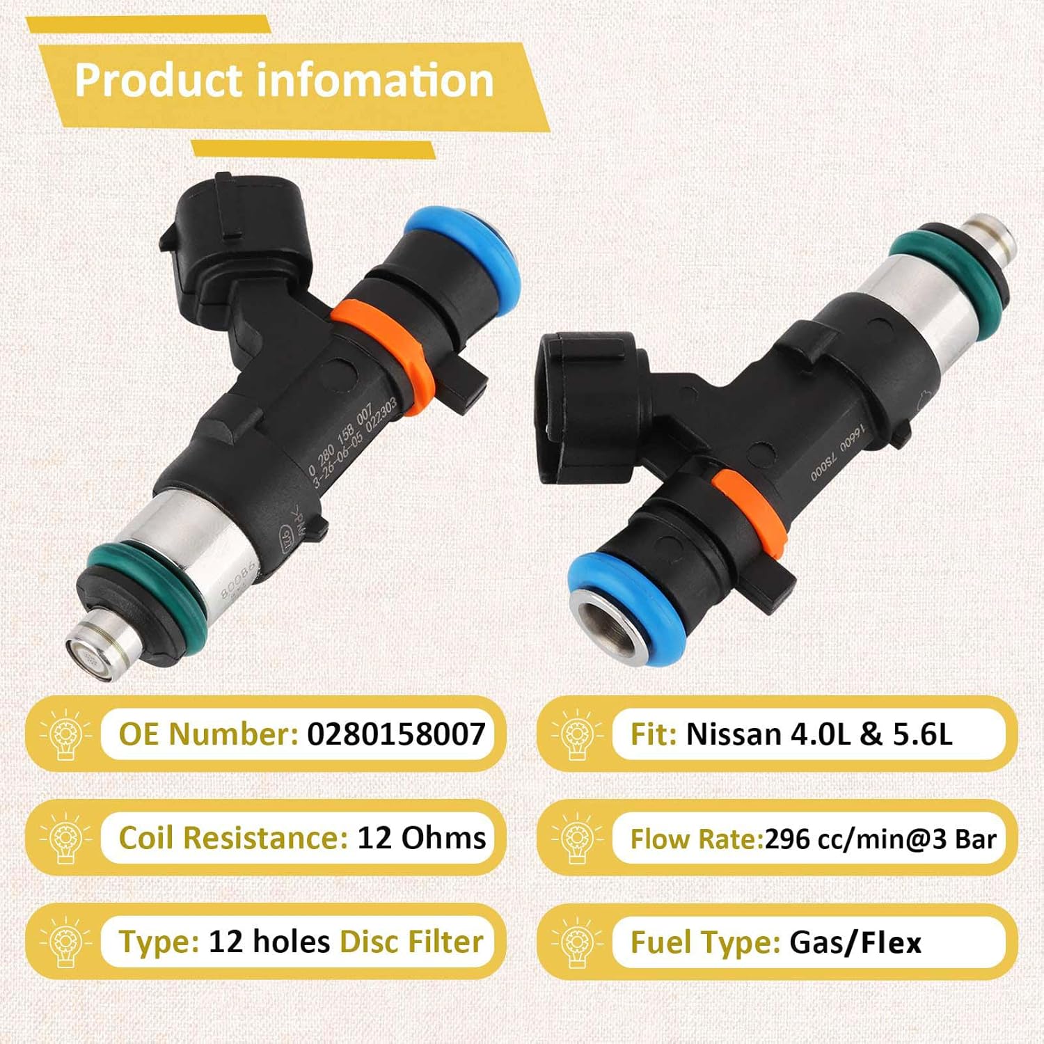 0280158007 OE 4.0L Performance Fuel Injectors,Compatible with/Nissan 4.0 Xterra Frontier,Compatible with/Nissan 5.6L Armada Pathfinder Titan 2006 2007 2008 2009 2010 2012 2013 |12 Holes| |Set of 6|