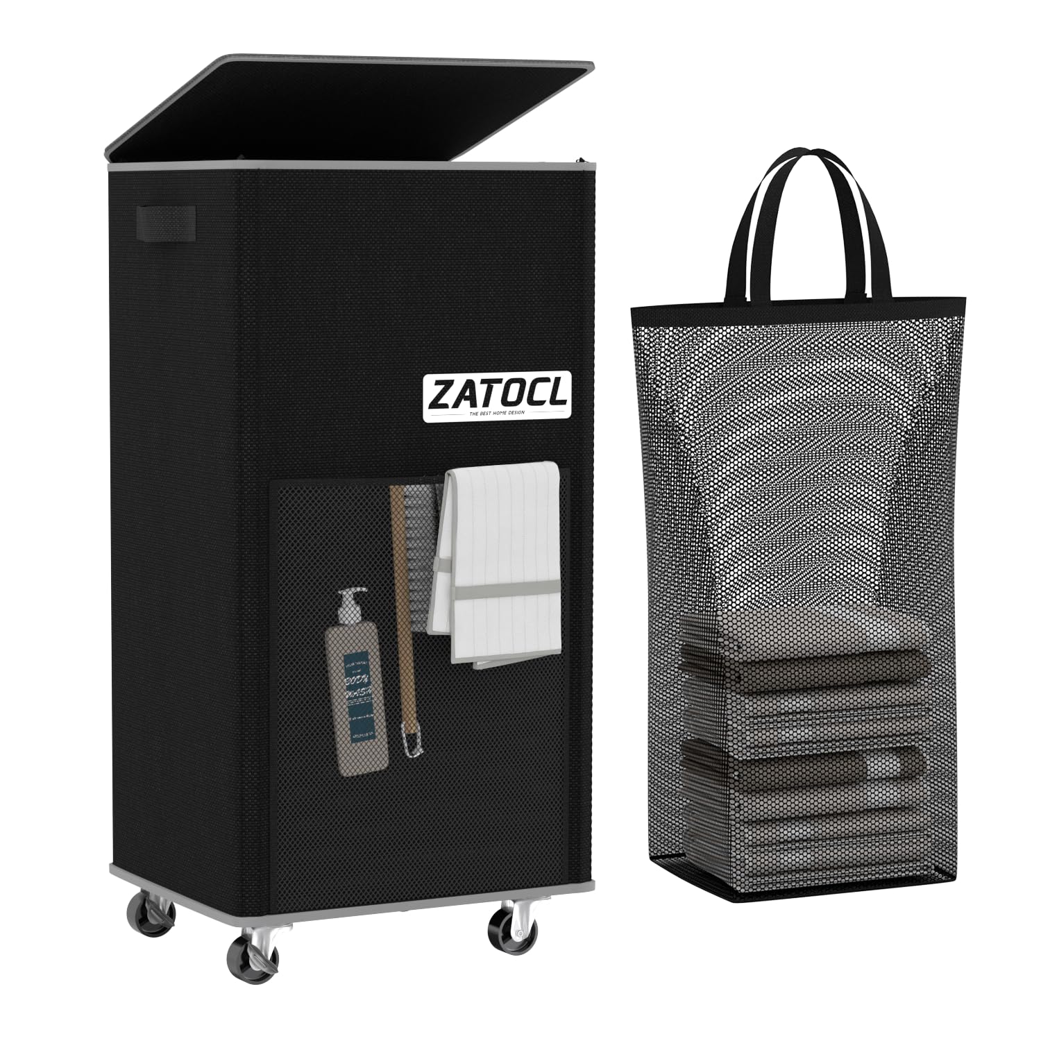 Laundry Hamper with Lid and Wheels, 29 Gal Rolling Laundry Basket with Washing Bag &amp; Front Mesh Bag, Collapsible Dirty Clothes Hampers for Bedroom Aesthetic, Bathroom, Dorm, Laundry Room - Easy Carry