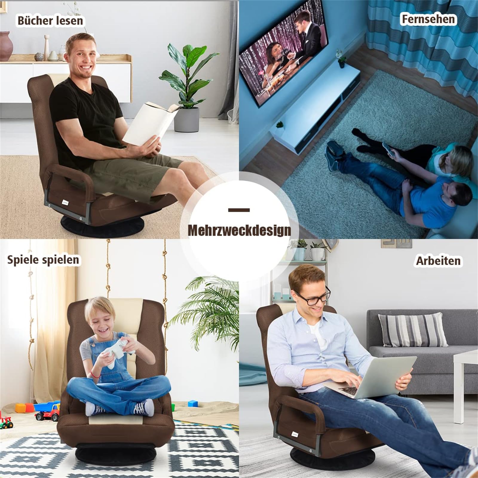 COSTWAY Bodenstuhl 360° drehbar, Bodensessel mit 6-Fach Verstellbarer Rückenlehne, Game Sessel gepolstert, Bodensofa Meditationsstuhl bis 140kg belastbar, Lazy Sofa (Braun)