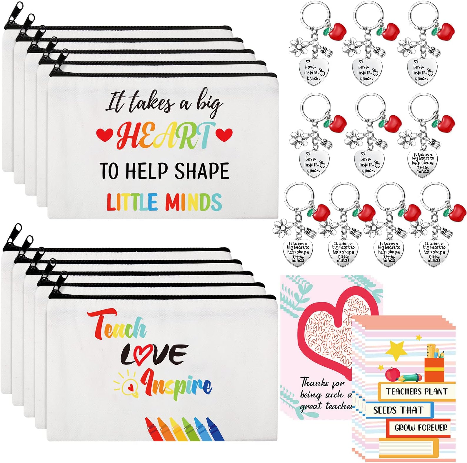 Saintrygo 30 Pieces Teacher Appreciation Gift Set 10 Pcs Cosmetic Bags Makeup Pouch Keychains and Thank You Cards, for Christmas Day End of Year, Bright Colors, 10 x 15 cm