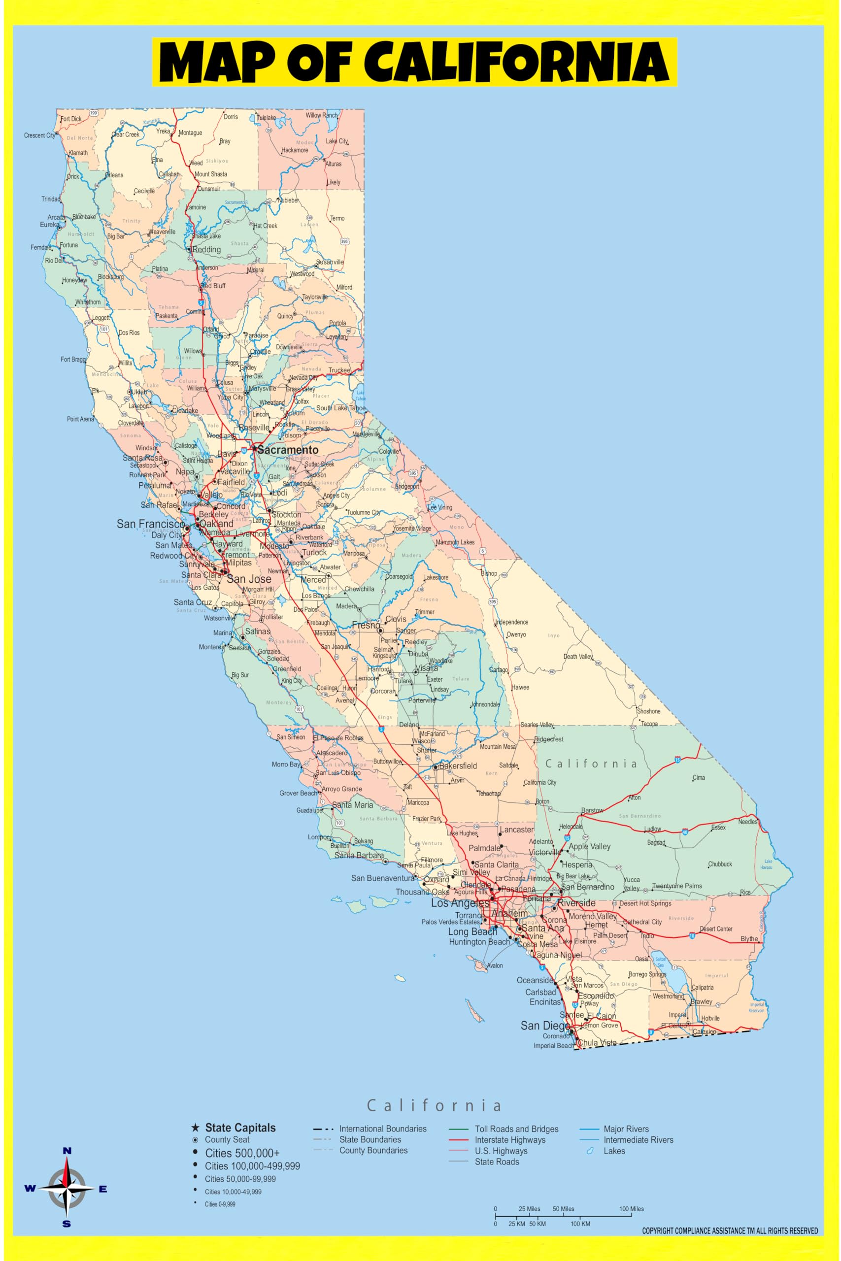 Map Of California Style A - 18x24 - Laminated Wall Map Poster for Homes, Classrooms and Offices - Vivid Colors, Easy to Read, Clean Layout