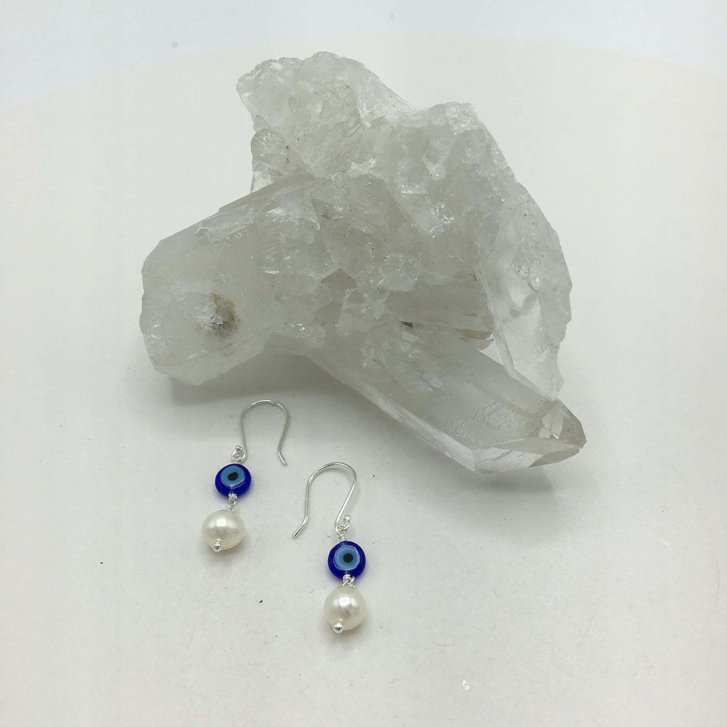 Evil Eye and White Cultured Freshwater (5.5-6mm) Potato-shaped Pearls Drop Earrings with Sterling Silver Fishhook Ear Wires