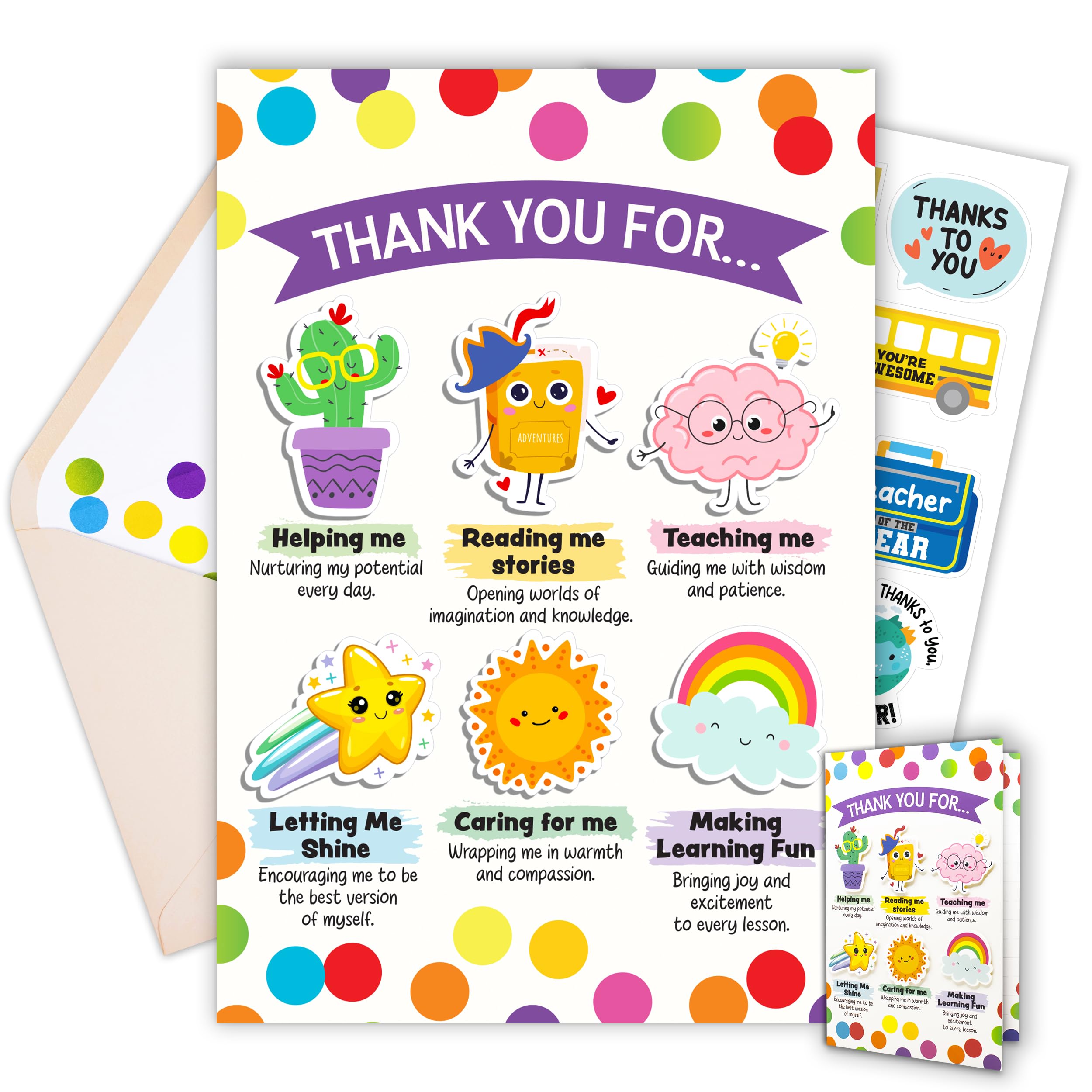 Decorably 5x8in Individual Teacher Appreciation Cards Set with Adorable Cutouts, Teacher Thank You Cards Set with Envelope and Stickers, with Printed Message Inside