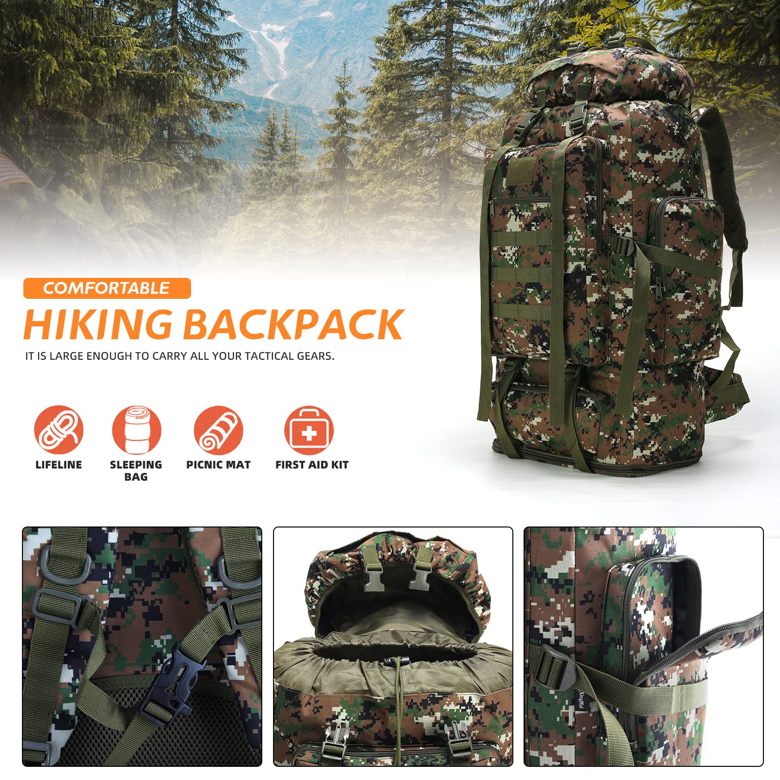 MOLLE - Mochila de senderismo (70 L/100 L, impermeable, para viajar) - Verde - X-Large
